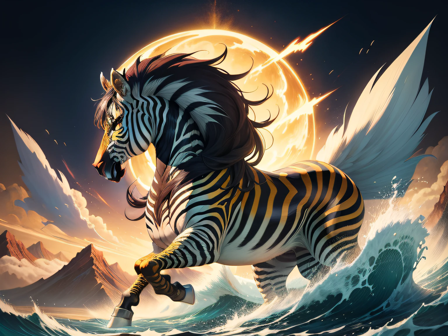 tmasterpiece,High Picture Quality, Dynamic cartoon style, Inspired by the Classic of Mountains and Seas,Chinese mythology and stories, Beast image, high saturated, Yellow zebra pattern, White head, Red tail。