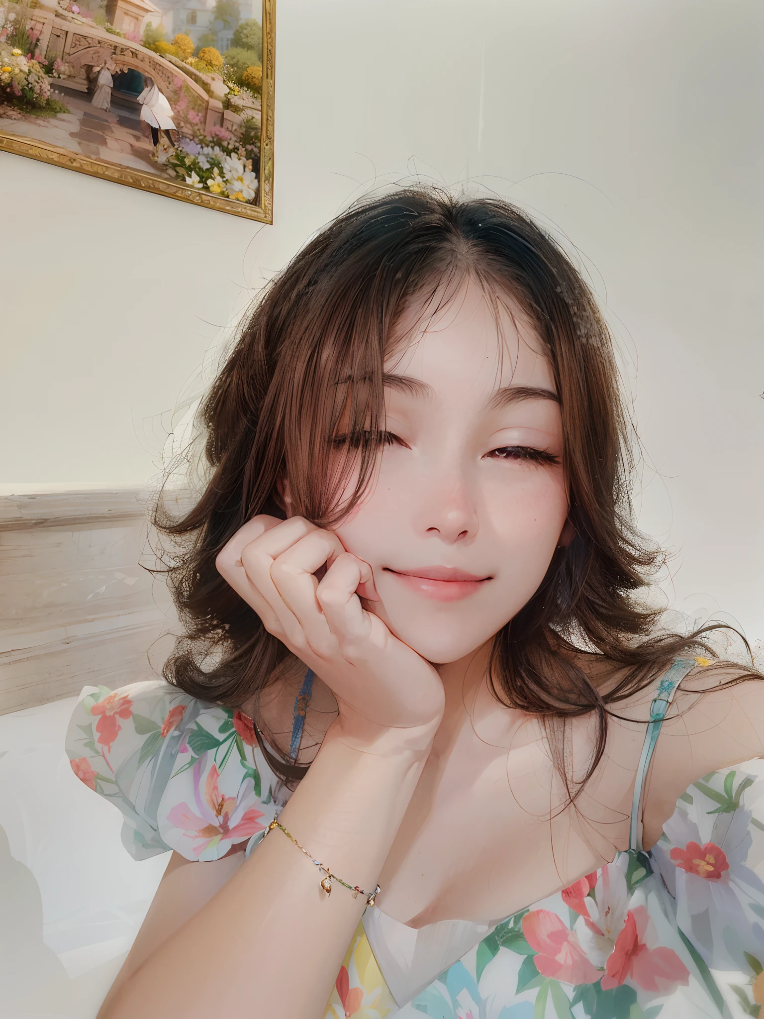 absurderes, A high resolution, (offcial art, Beautiful and aesthetic:1.2), (Close view:1.2), front composition,
1girll, (Long hair:1.2), Gray hair, Wavy hair, Smile,
(Spread throughout the garden:1.6), (flower effect:1.2), (florest background:1.2), (Background full of flowers:1.4), (ornate backdrop:1.1),