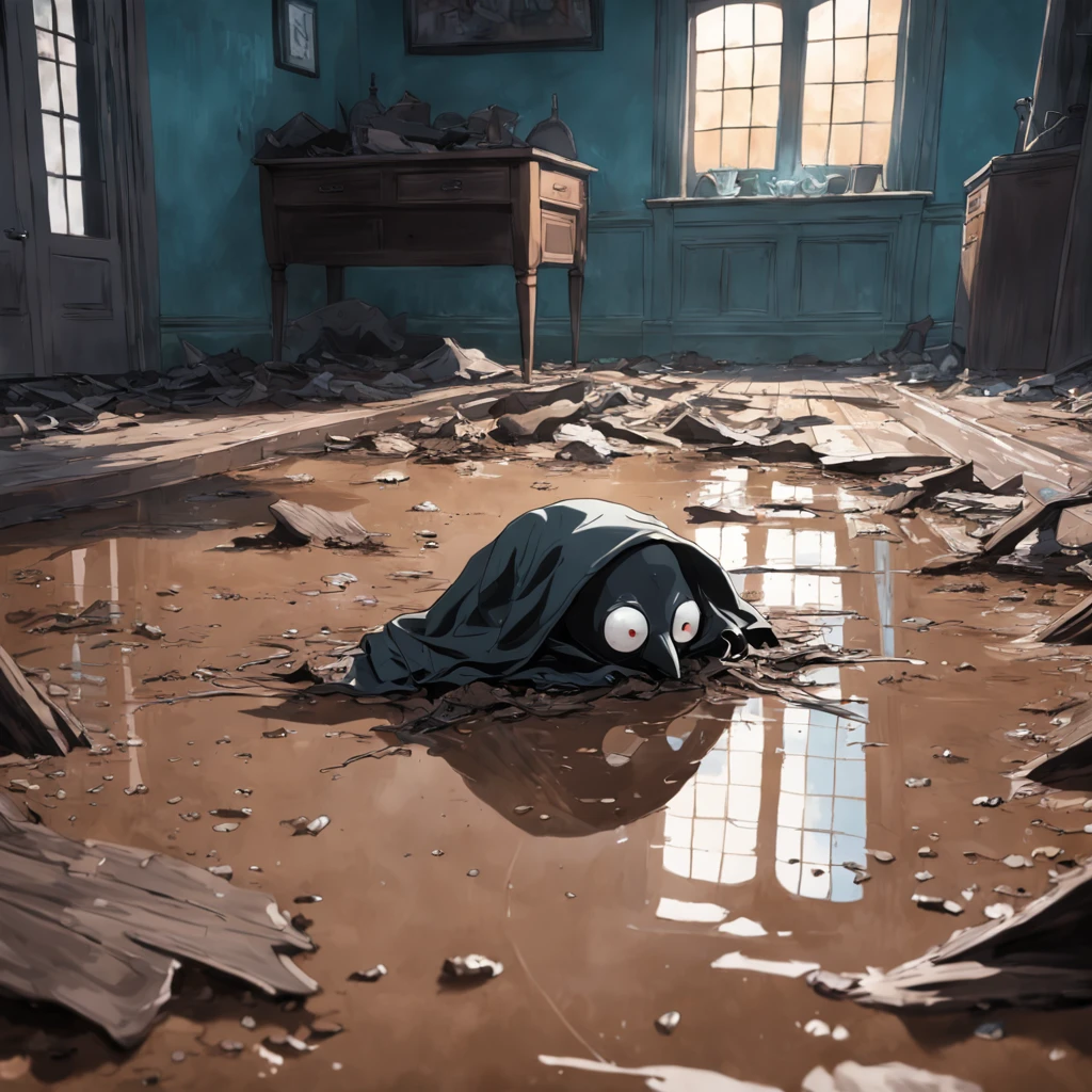 detailed and realistic non-blurry photo of a detailed and realistic old plague doctor mask on a realistic floor with small puddles, in an abandoned house with realistic debris, realistic dust, realistic natural light, scattered realistic dry leaves