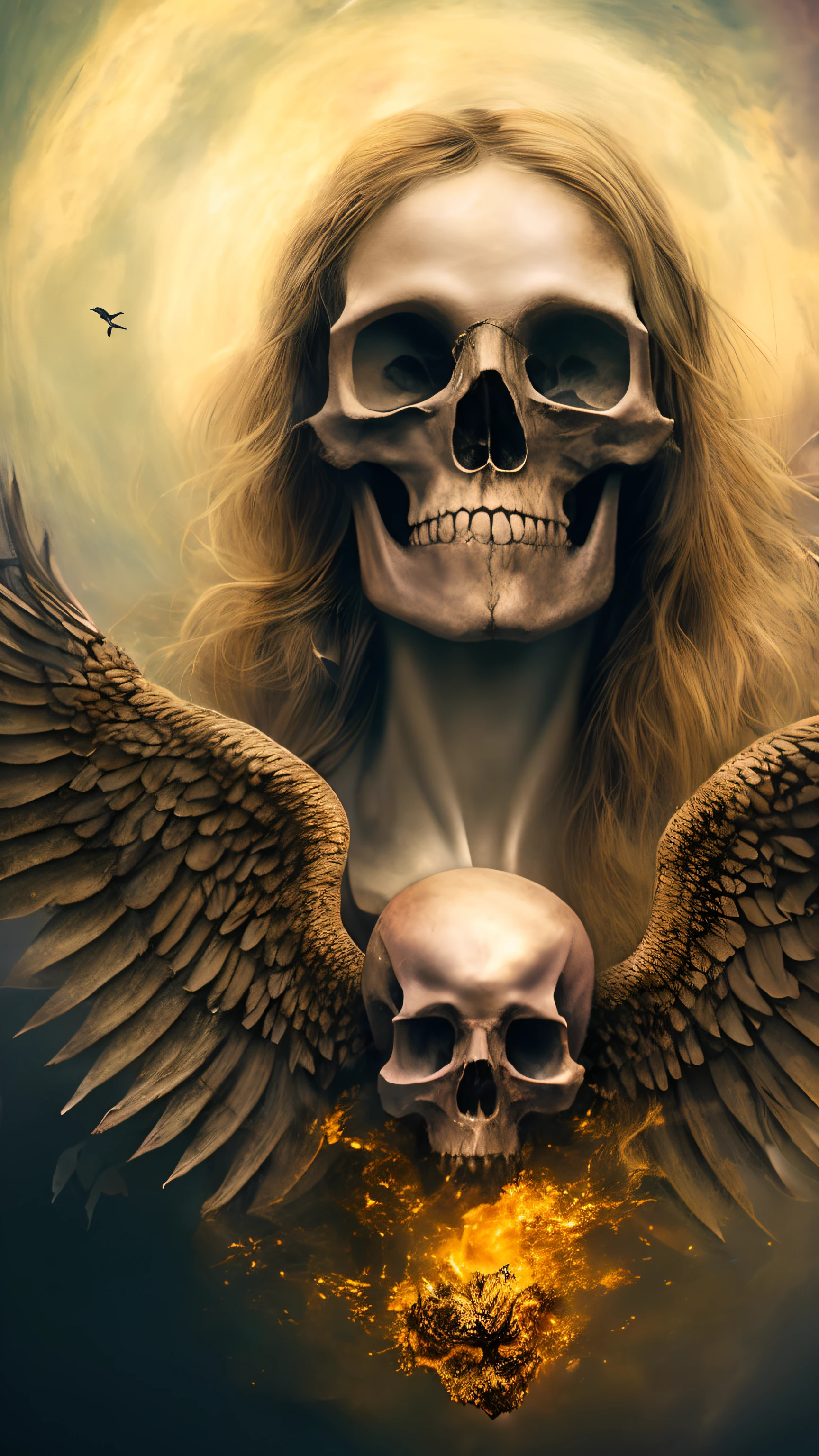 a woman with a skull and wings on her face, anjo da morte, arte escura altamente detalhada, Retrato do Anjo da Morte, female face skull phoenix bird, O Anjo da Morte, half skull half face, anjo escuro, fantasy skull, vida e morte se misturando, Arte digital escura, mas detalhada, Retrato do Anjo da Morte, morphing skulls