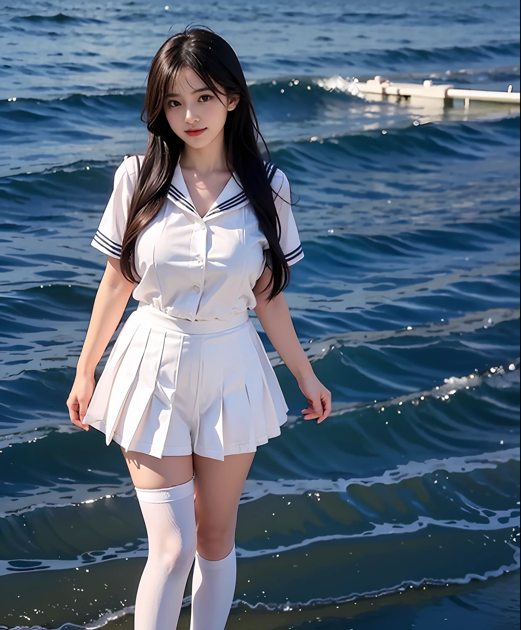 A woman in a sailor's suit walks in water, one-girl，Sailor uniform, Kantai collection style, Anime girl cosplay, cosplay foto, girl in uniform, seifuku, Wearing a Japanese school uniform, Japanese school uniform, female sailor uniforms, Anime girl in real life, azur lane style, sailor outfit, sailor uniformm, double tails ，White silk high socks，White stockings，full bodyesbian，Raised sexy，Plump breasts