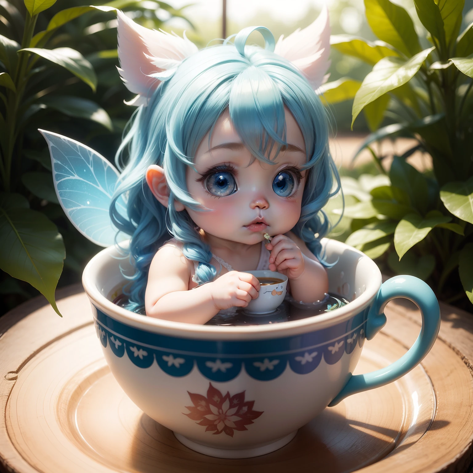 Cute Baby Chibi Anime,A small fairy sitting in a teacup is eating kompeito。(Wearing fairy feathers like stained glass:1.5) Blue wavy hair,verd s eyes,Royal Botanic Gardens