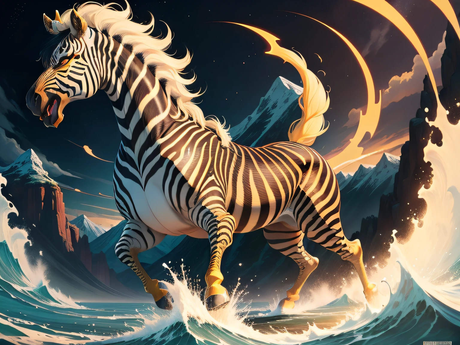 tmasterpiece,High Picture Quality, Dynamic cartoon style, Inspired by the Classic of Mountains and Seas,Chinese mythology and stories, Beast image, high saturated, Yellow zebra pattern, White head, Red tail。