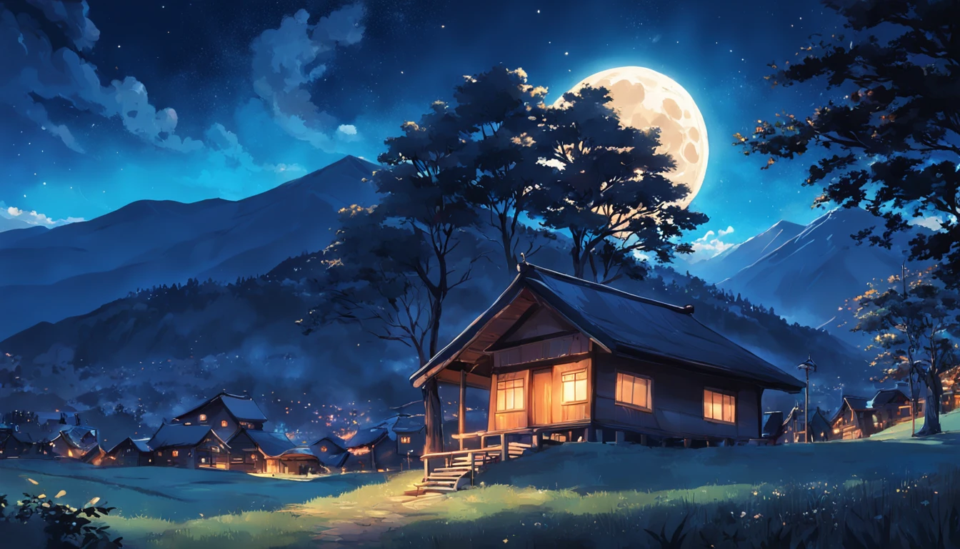 moon full，Blue night sky，Bright stars，Bonfire on the mountain，Small village