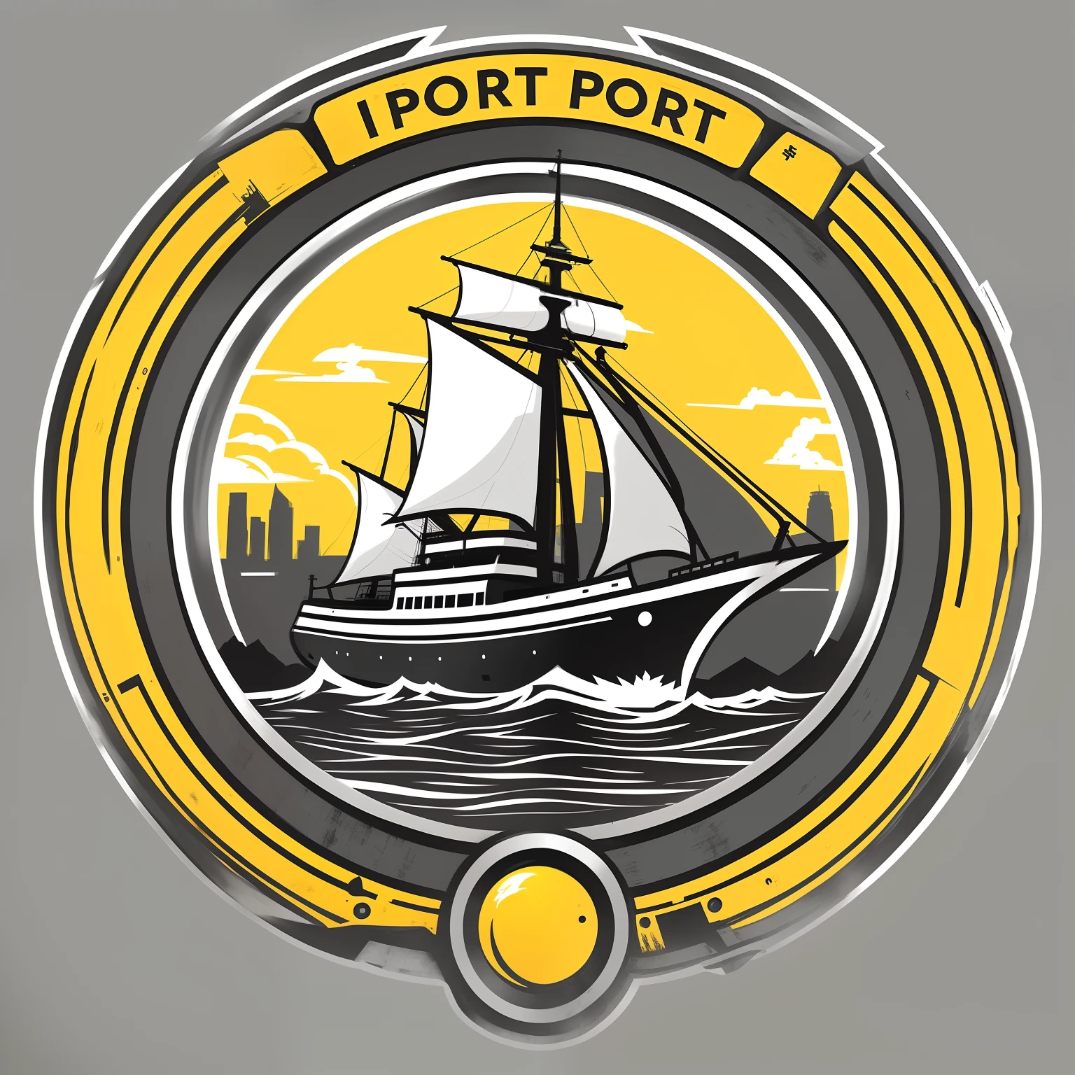 Picture of a ship in the middle of the port sign, port scene background, Port city, ports, porthole, high quality portrait, illustrated logo, author：Randy Post, Medium portrait, wears, large portrait, pirate logo, Mary Potter, portlet photo, full protrait, in a sci-fi shipping port, portrait photo of an