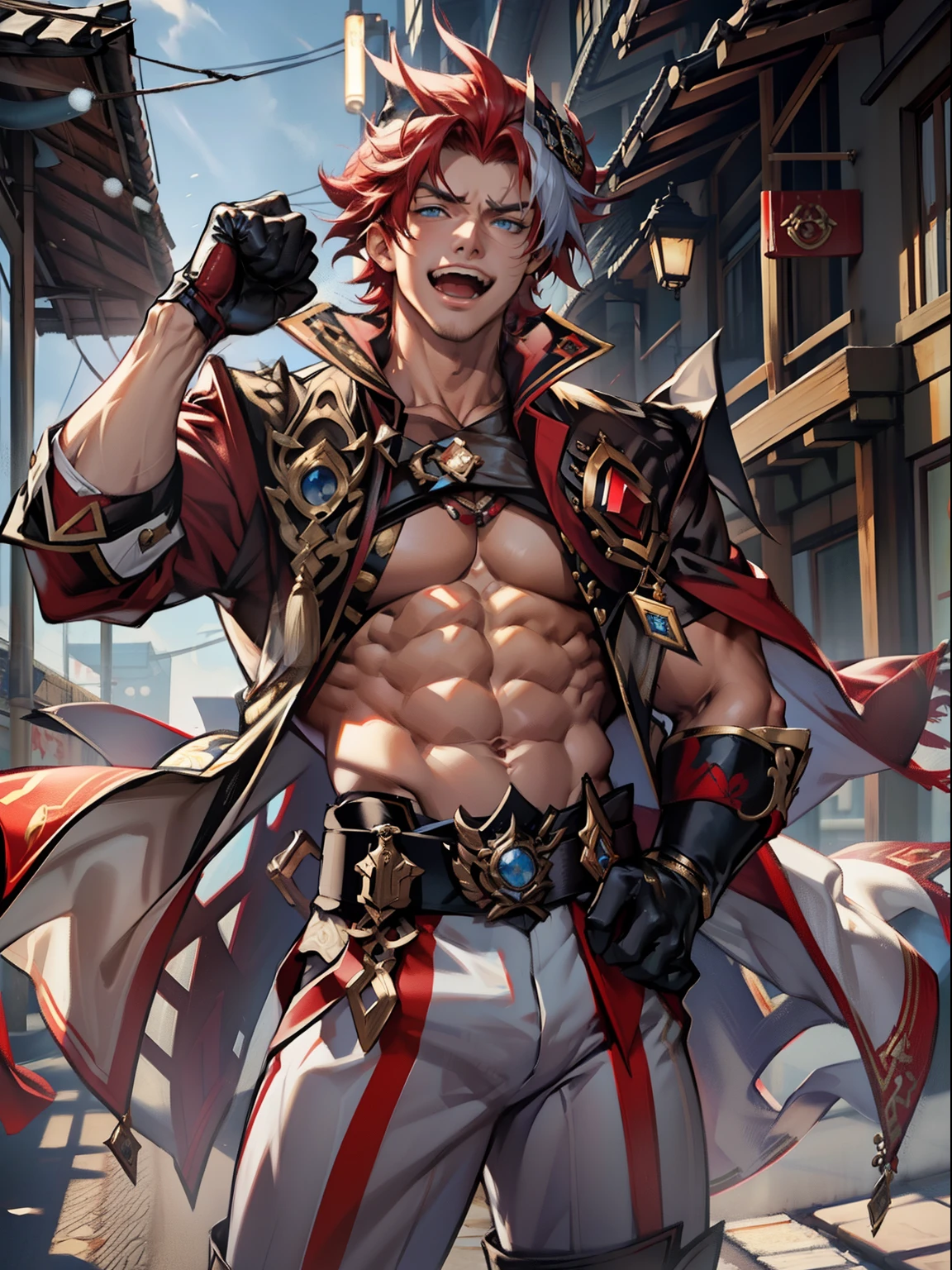 man, short purple hair, purple eyes, with bare chest, with headband with horns and reindeer ears for Christmas, Red nose, chest straps with bells, light brown pants with bells