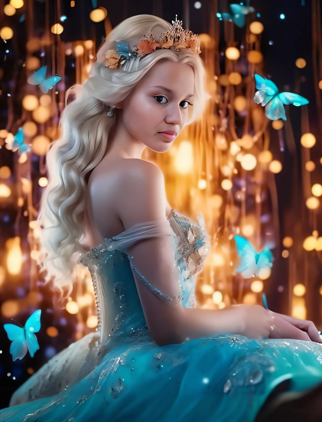 um close up de uma mulher em um vestido com borboletas, Margot Robbie como uma fada, Elsa bonita, Disney foto realista, Disney fotorrealista, princesa bonita, sorrindo como uma rainha de fadas, Loira - Princesa Cabelos, Cinderela, retrato da princesa, fantasy photoshoot, princesa feminina bonita, fada bonita, retrato vfx altamente detalhado de, fantasy fairytale story, fantasy gorgeous lighting