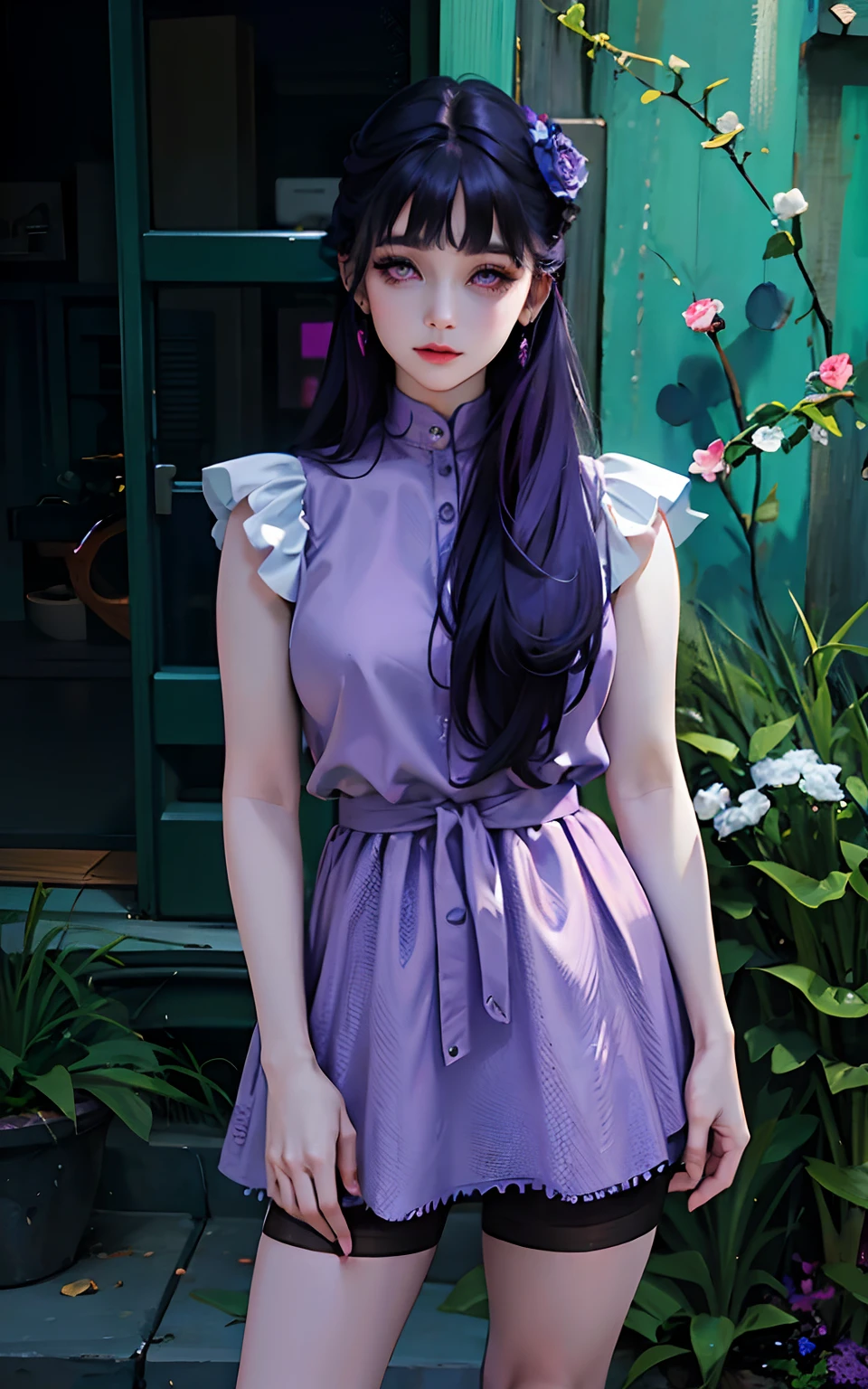 a close up of a woman in a purple dress posing for a picture, blunt bangs, purple eyes, dark blue hair, UHD, photoshoot, realistic, intricate detail, detailed character,