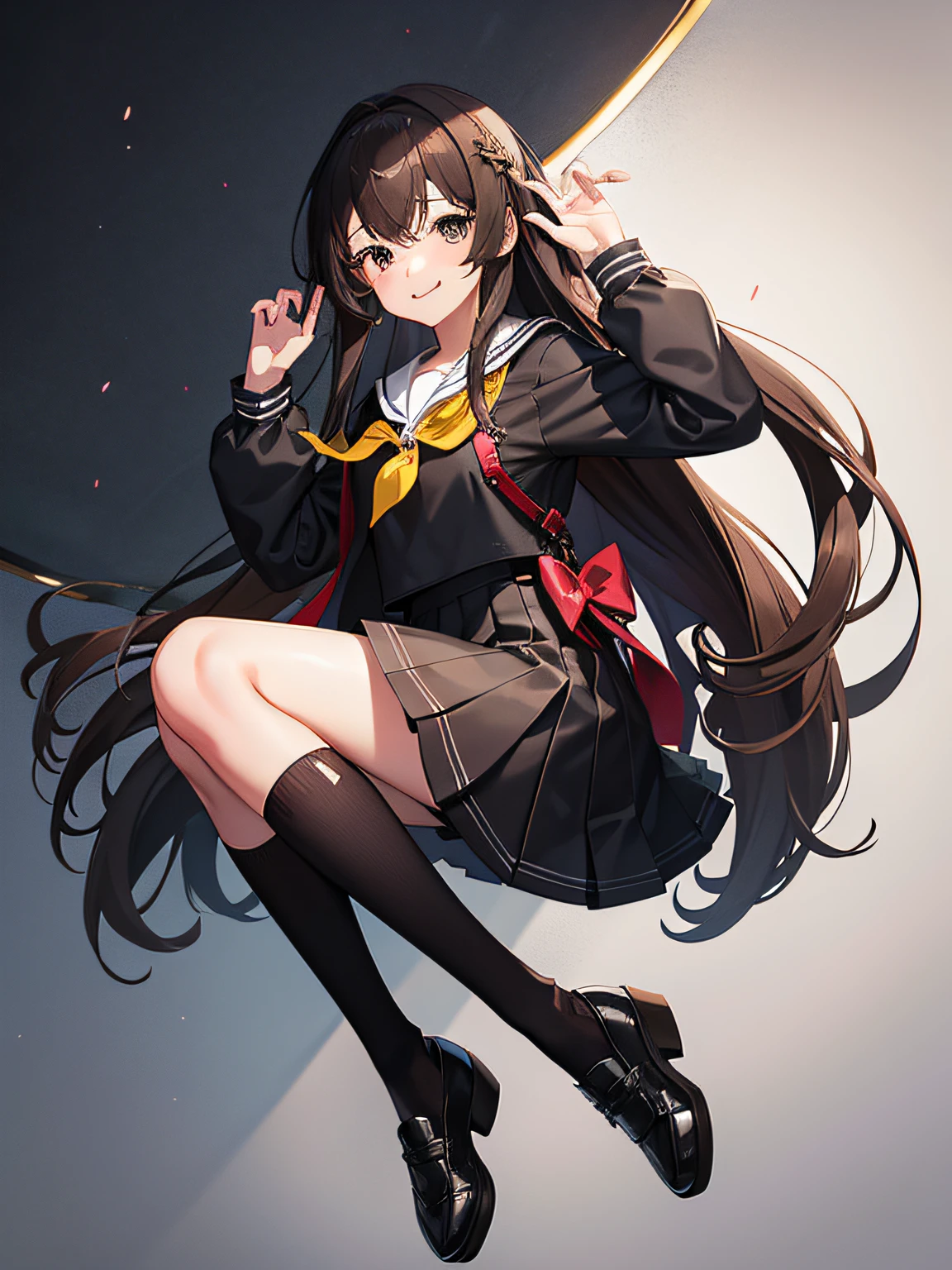 16-year-old high school girl，Long brown hair，Bow hairpin，Deep gray-black eyes，Eccentric personality，a sailor suit，leather shoes，white stockings，Smiling faces，Grimacing（Top image quality，best qualtiy）