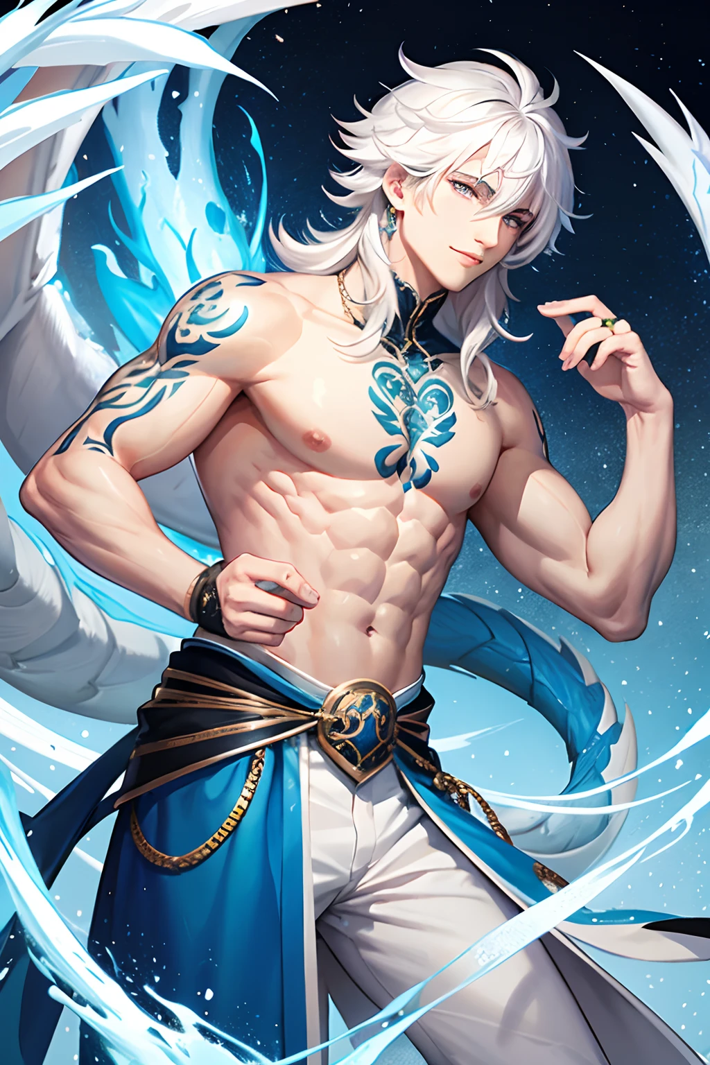 ((Masterpiece, Highest quality)), Male, boy, Detailed face, character design sheet，full bodyesbian, Full of details, frontal body view, back body view, Highly detailed, character sheet, character design, Many parts, dark skin, angel wings, white hair, angel outfit, Muscle boy with white long ponytail hair，handsome man, male angel , man tall, abs, pectoral muscle