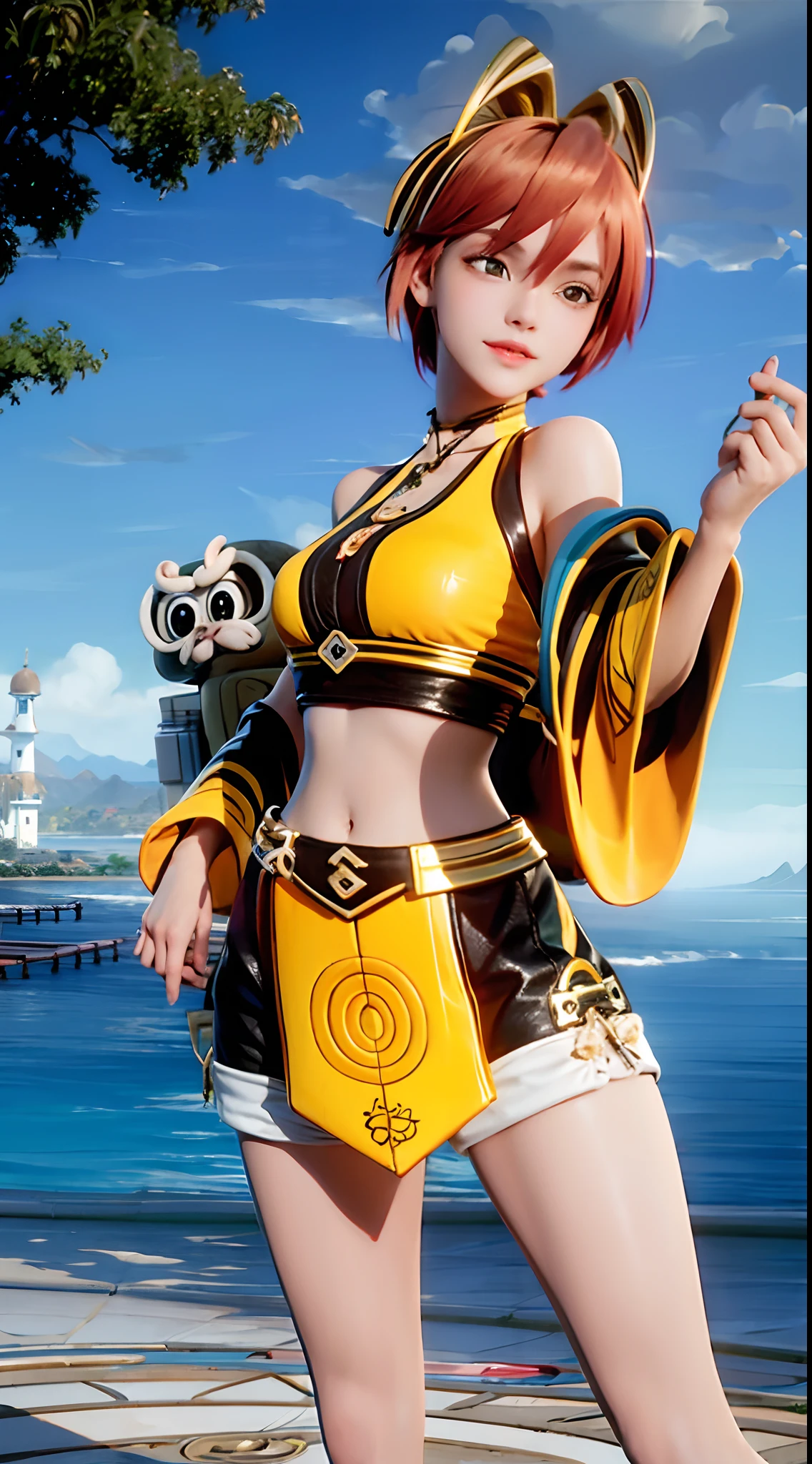 A girl, Orange hair,Short hair,ocean water, beach, (Yellow bikini: 1.6), palm tree, Coconut Tree, Solo,