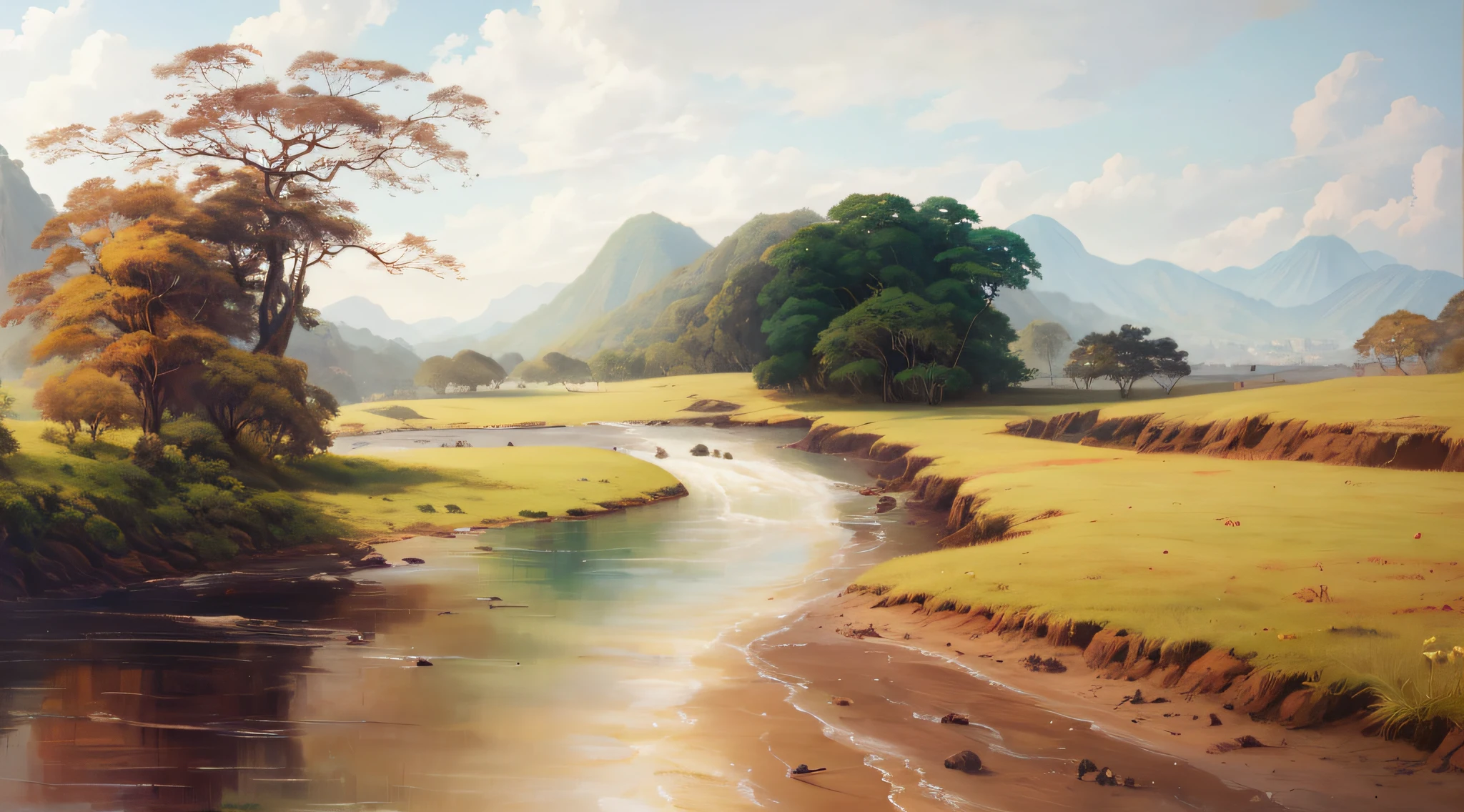 pintura de um rio que atravessa um vale verde exuberante com montanhas ao fundo, colinas fluidas, 8k resolution digital painting, 8k resolution digital painting, Pintura digital 4K, Pintura digital 4k, pintura digital detalhada, baixo detalhamento. pintura digital, Pintura Digital de Alto Detalhe, peaceful landscape, rio, trees and hills, pintura detalhada 4K, pintura digital 4k