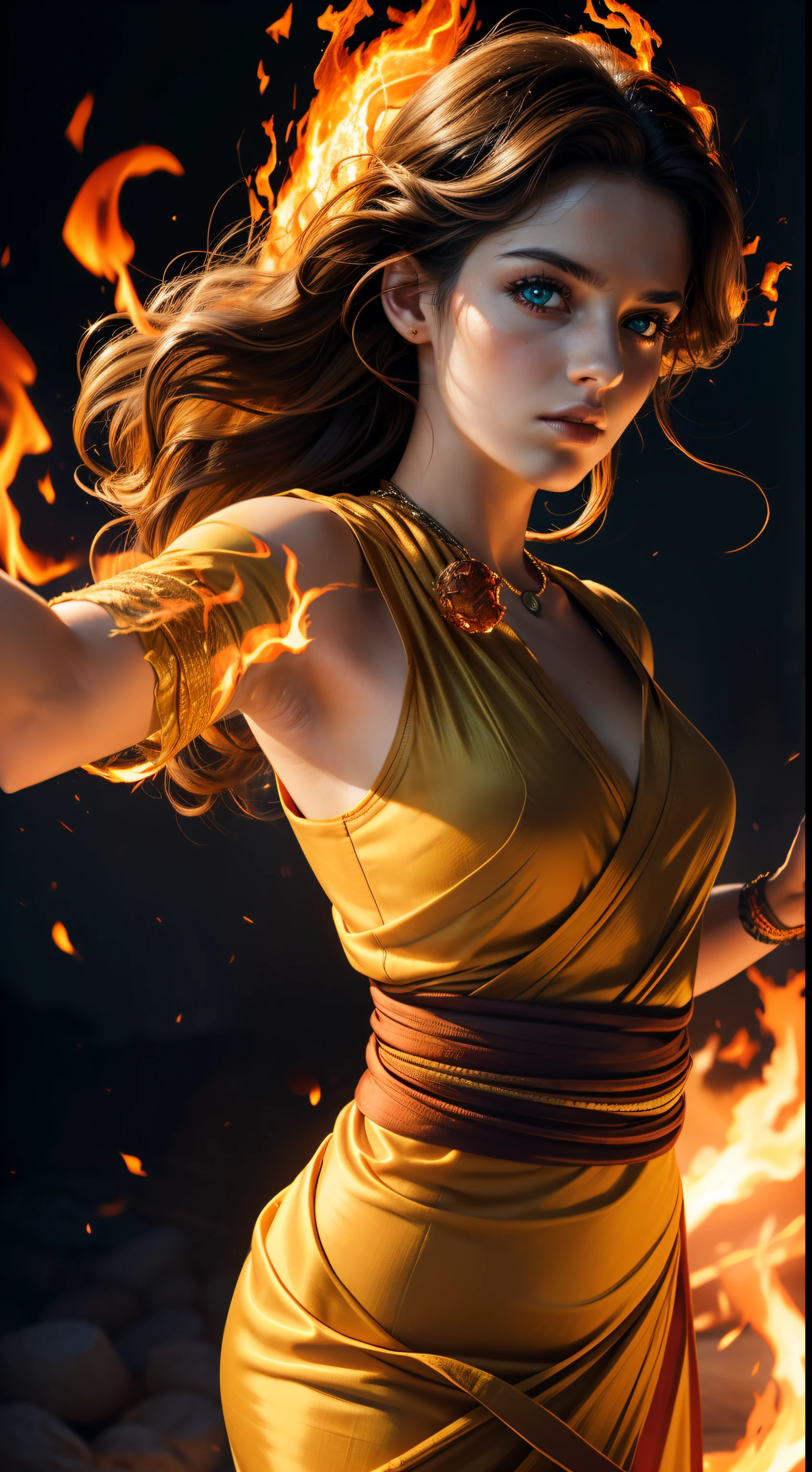 (4k), (masterpiece), (best quality),(extremely intricate), (realistic), (sharp focus), (award winning), (cinematic lighting), 1girl, 18 year old, caucasian, green eyes, perfect eyes, perfect iris, perfect pupils, perfect lips,perfect nose, perfect hands, very detailed hands, perfect fingers, black hair, short hair, straight hair, small braid in her hair, (((fire goddess, wrapped in fire, wrapped in flames, she burns,circle of fire, fireballs, dynamic pose))),