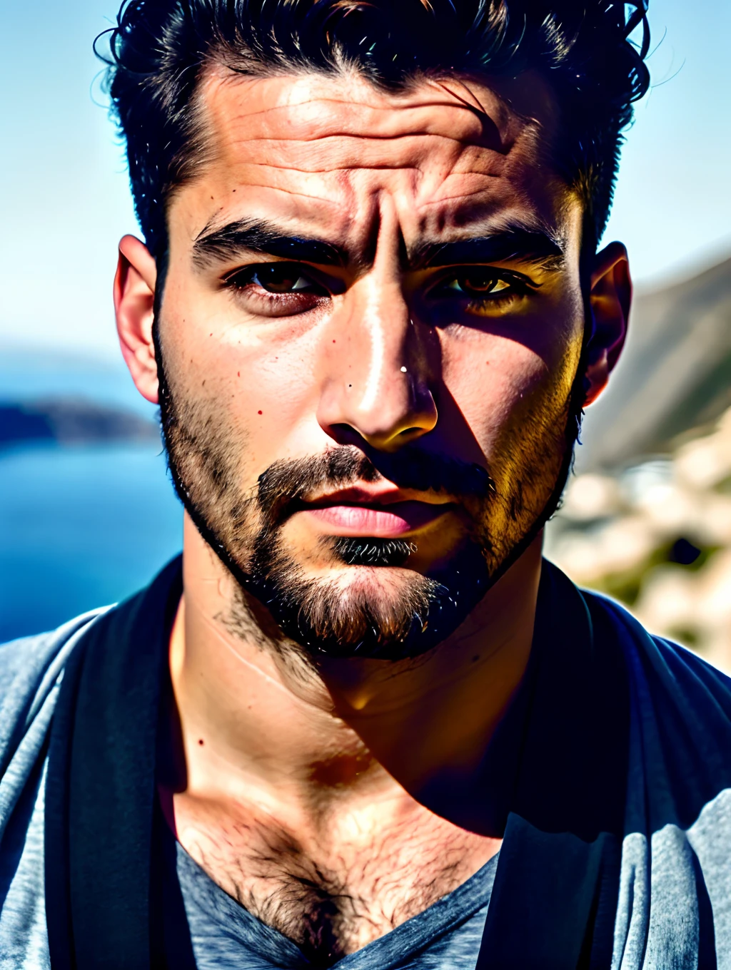 world press photo winner, (award-winning photography:1.3), (modern Greek man, insanely handsome face, mature man, Greek skin tone, typical Greek male features:1.4), short messy hair, (very sharp photo:1.1), (8k, RAW photo, best quality:1.3), (realistic, photo-realistic, masculine, modern clothes:1.1), Craggy mountain range, rocky terrain, dramatic peaks, cold, challenging, inspiring, Portait of a (insanely handsome typical modern Greek man outdoors:1.5), analog style (look at viewer:1.2) (skin texture) (film grain:1.3), (warm hue, warm tone:1.2), close up, cinematic light, sidelighting, ultra high res, best shadow, RAW, upper body, wearing pullover, Microgeometry, skin elasticity, light scattering through hair, ambient occlusion, multi-layer skin shading, facial muscle simulation, iris and pupil rendering, advanced color grading