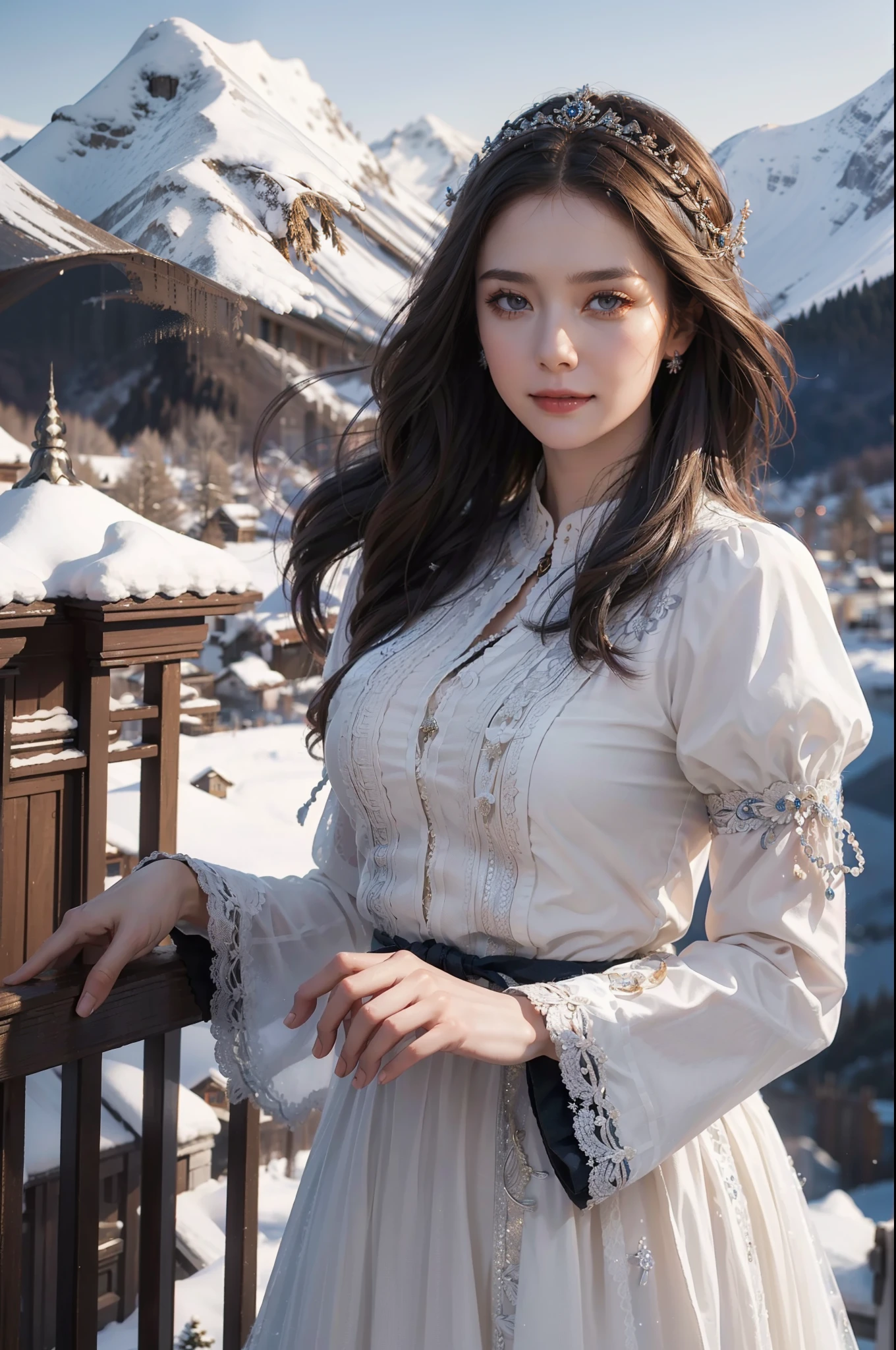 ((top-quality、​masterpiece、photographrealistic:1.4、in 8K))、1 beautiful detailed girl、extremely detailed eye and face、beatiful detailed eyes、（Complex and exclusive dresses in traditional Norwegian style）、Luxury accessories、Elegant smile、natta（Depict a scene of a princess standing on the balcony of a castle。Hair swaying in the wind and a dress complement her noble vibe。Snowy mountains in the background）、Cinematic lighting、Textured skin、Super Detail、high detailing、High quality、hight resolution、（looking at the viewers）