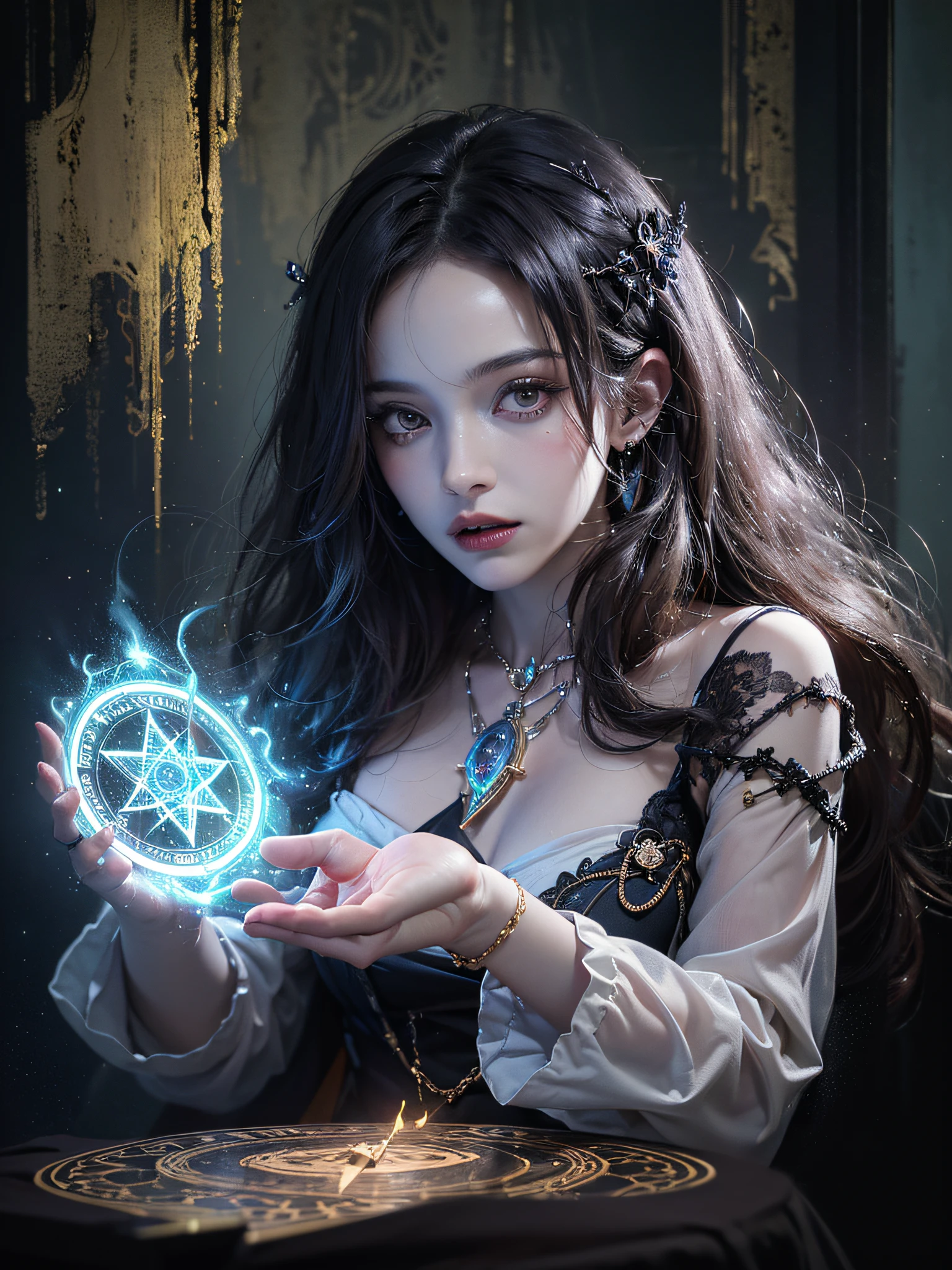 1girl, (witchcore, witchcraft, pagan, mystical, nature, occult) , magician, spell magic, magic circle, ((magic in hand)),(masterpiece, best quality:1.4),(absurdres, highres, ultra detailed:1.2),(using dark magic:1.4), imaginative overlays, artistic fusion,fantastical scenes, evocative narratives, striking visuals, upper body ，(((best quality))),(((ultra detailed))),(((masterpiece)))