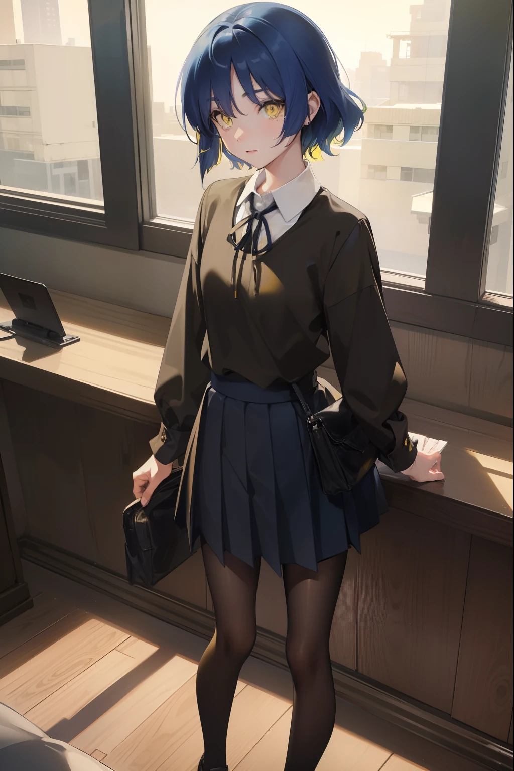 ryouyamada, ryou yamada, blue hair, eyes visible through hair, mole, mole under eye, short hair, (yellow eyes:1.5), hairclips,
BREAK black pantyhose, black ribbon, blue skirt, brown footwear, loafers, long sleeves, pantyhose, ribbon, school uniform, shimokitazawa high school uniform, shirt, shoes, skirt, white shirt,,
BREAK looking at viewer,
BREAK indoors, classroom,
BREAK (masterpiece:1.2), best quality, high resolution, unity 8k wallpaper, (illustration:0.8), (beautiful detailed eyes:1.6), extremely detailed face, perfect lighting, extremely detailed CG, (perfect hands, perfect anatomy),
