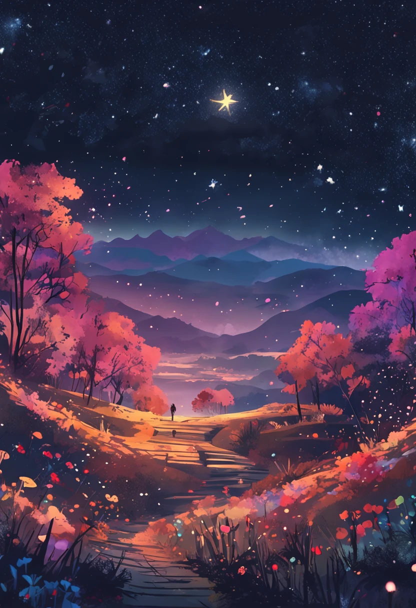 Masterpiece、top-quality、Top image quality、The 8k quality、、Beautiful starry sky illustration、Two beautiful shooting stars、Fantastical、Lots of fireflies、