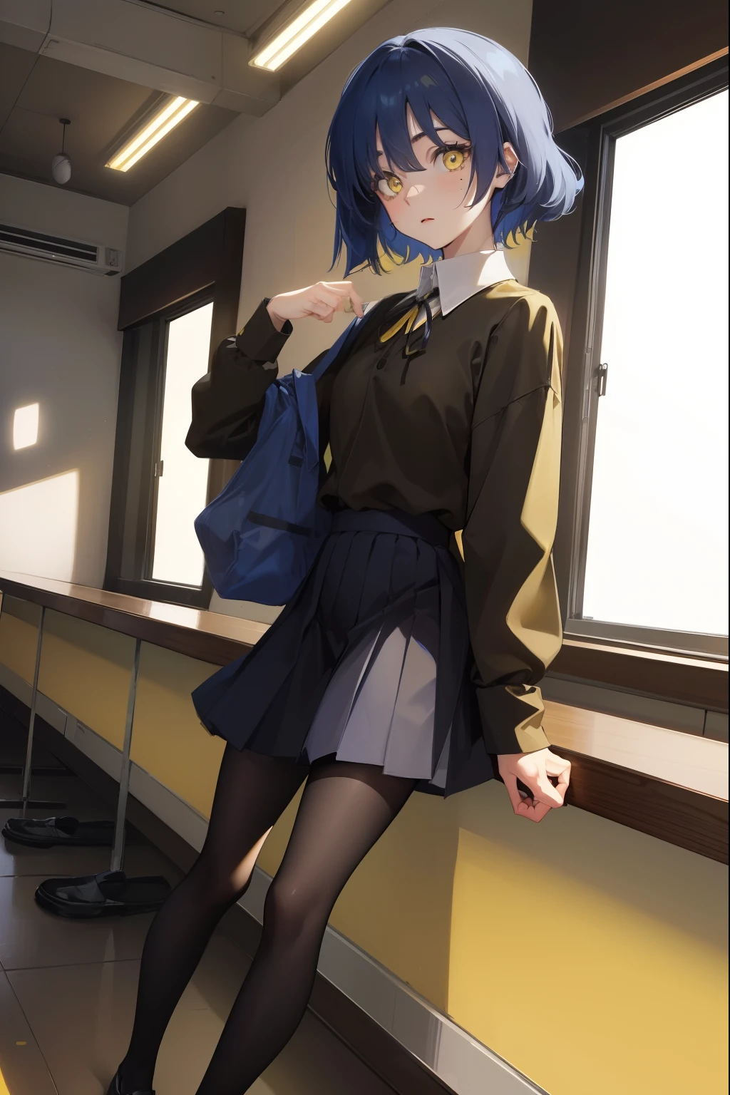 ryouyamada, ryou yamada, blue hair, eyes visible through hair, mole, mole under eye, short hair, (yellow eyes:1.5), hairclips,
BREAK black pantyhose, black ribbon, blue skirt, brown footwear, loafers, long sleeves, pantyhose, ribbon, school uniform, shimokitazawa high school uniform, shirt, shoes, skirt, white shirt,,
BREAK looking at viewer,
BREAK indoors, classroom,
BREAK (masterpiece:1.2), best quality, high resolution, unity 8k wallpaper, (illustration:0.8), (beautiful detailed eyes:1.6), extremely detailed face, perfect lighting, extremely detailed CG, (perfect hands, perfect anatomy),