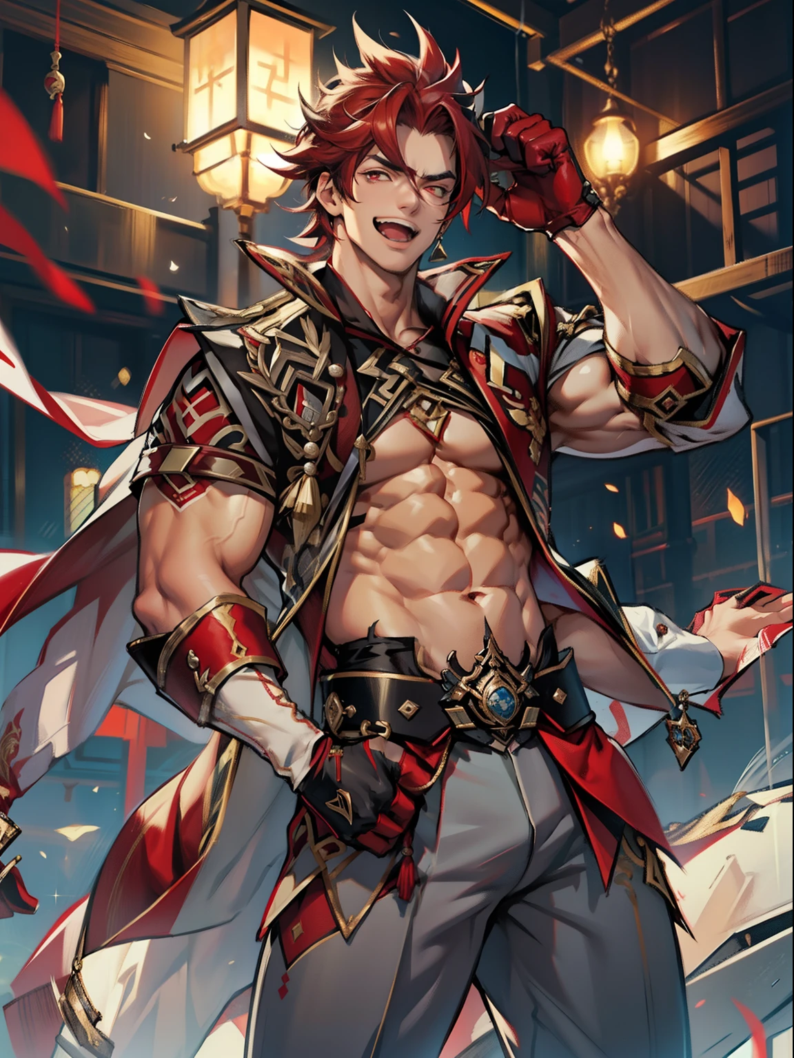 tmasterpiece，Best quality at best，Dadalya（Genshin Impact），mitts，Bulging muscles，Pectoral muscle bulge，White gloves，Abs，malefocus，1boy，red eyes，black glove，独奏，Red hair，Yellow eyes，Red cape，hair between eye，（（Bulging crotch）），Sexy,(Masterpiece, Best quality),（white business suit），self-assured，having fun，big laughter，white pantie