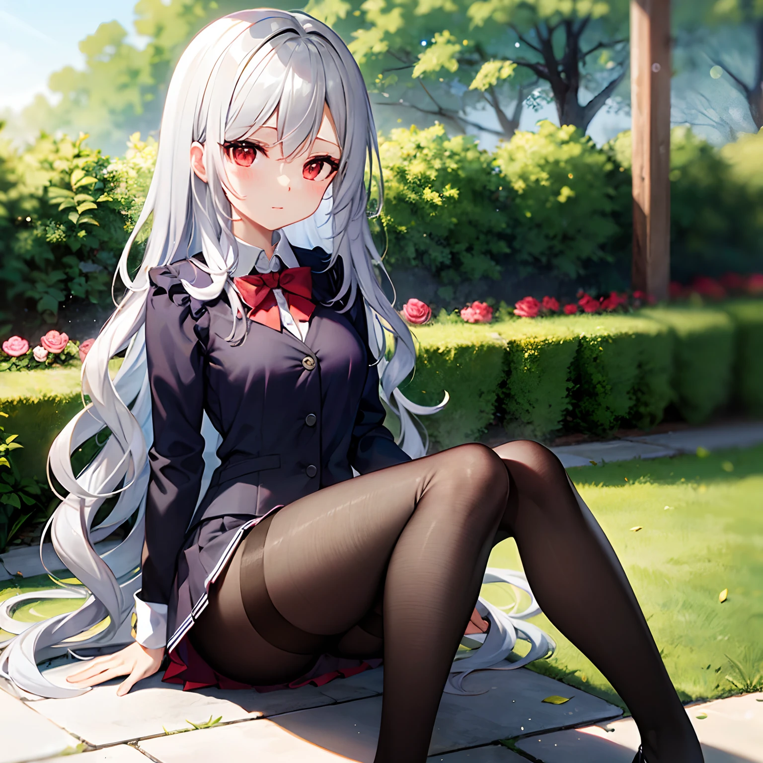 long wavy silver hair、red eyes、Beautiful girl alone、a miniskirt、tights、sitting on、rose garden、