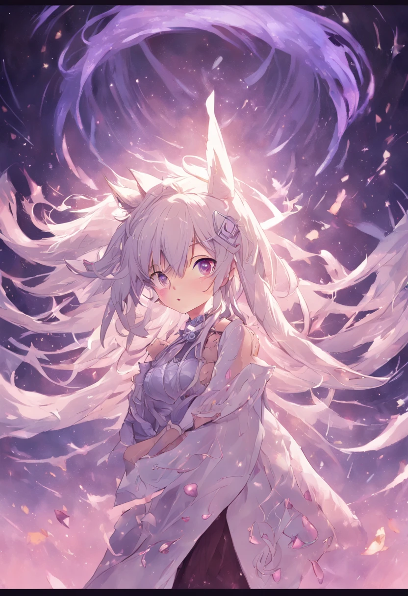 best qualtiy，highly  detailed，tmasterpiece，ultra - detailed，（Realistis：1.2），1girll，（white backgrounid），simplebackground，Elaborate Eyes，Silver hair，a purple eye，hair_ornament，（white offshoulder shirt：1.3），long whitr hair，pointy_ears，crown_braid，face expressionless，hair straight，（++Sat down：1.2），big cleavage breasts，There are cat ears,cute anime waifu in a nice dress