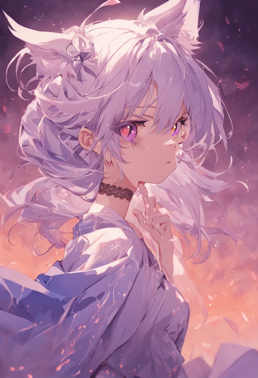 best qualtiy,highly detailed,tmasterpiece,ultra - detailed,(Realistis:1.2),1girll,(white backgrounid),simplebackground,Elaborate Eyes,Silver hair,a purple eye,hair_ornament,(white offshoulder shirt:1.3),long whitr hair,pointy_ears,crown_braid,face expressionless,hair straight,(++Sat down:1.2),big cleavage breasts,There are cat ears,cute anime waifu in a nice dress