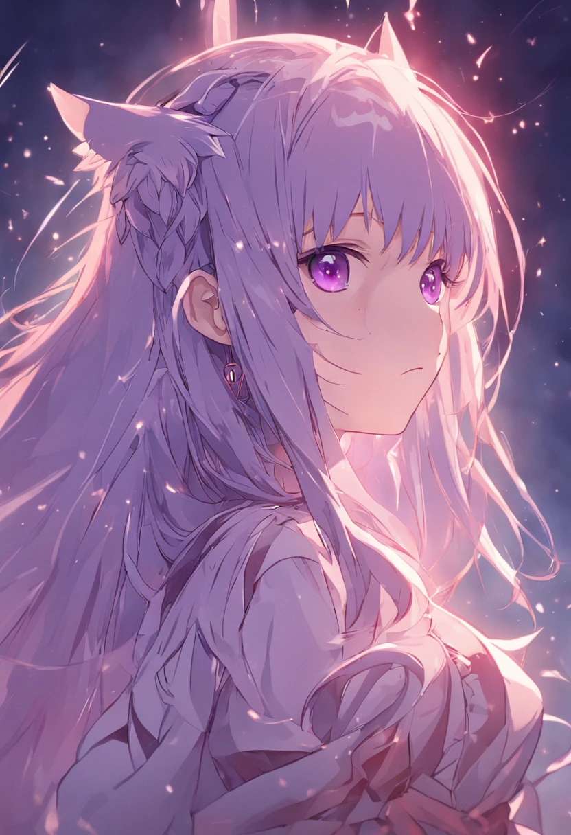 best qualtiy，highly  detailed，tmasterpiece，ultra - detailed，（Realistis：1.2），1girll，（white backgrounid），simplebackground，Elaborate Eyes，Silver hair，a purple eye，hair_ornament，（white offshoulder shirt：1.3），long whitr hair，pointy_ears，crown_braid，face expressionless，hair straight，（++Sat down：1.2），big cleavage breasts，There are cat ears,cute anime waifu in a nice dress