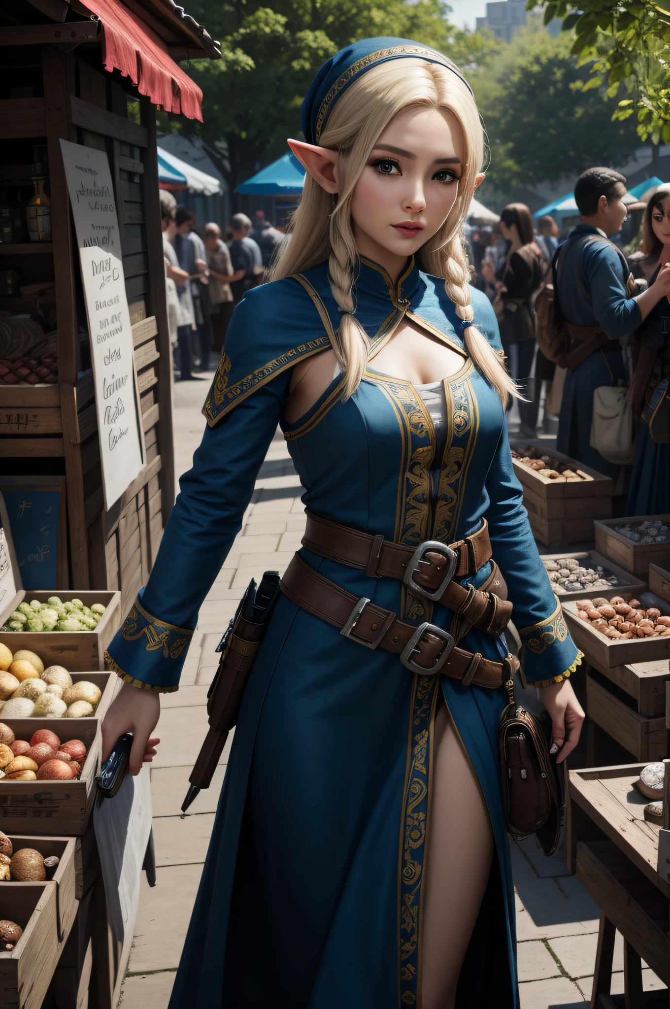 Hyper Realistic Photograph, elf game Character, seller, buyer, market, outfit, items and gears listed, 64k, Masterpiece