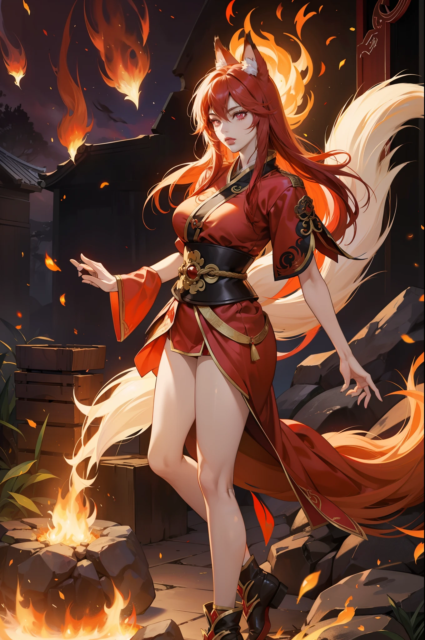 league of legend fox fire Ahri, wuxia style outfits, nine fox tail behind, fire element aura, blazing effect, tattoo, fire glowing pupils, game CG quality, masterpieces, fantasy art, extreme eyes detailed, perfect body shape, HD, fox tail around effect