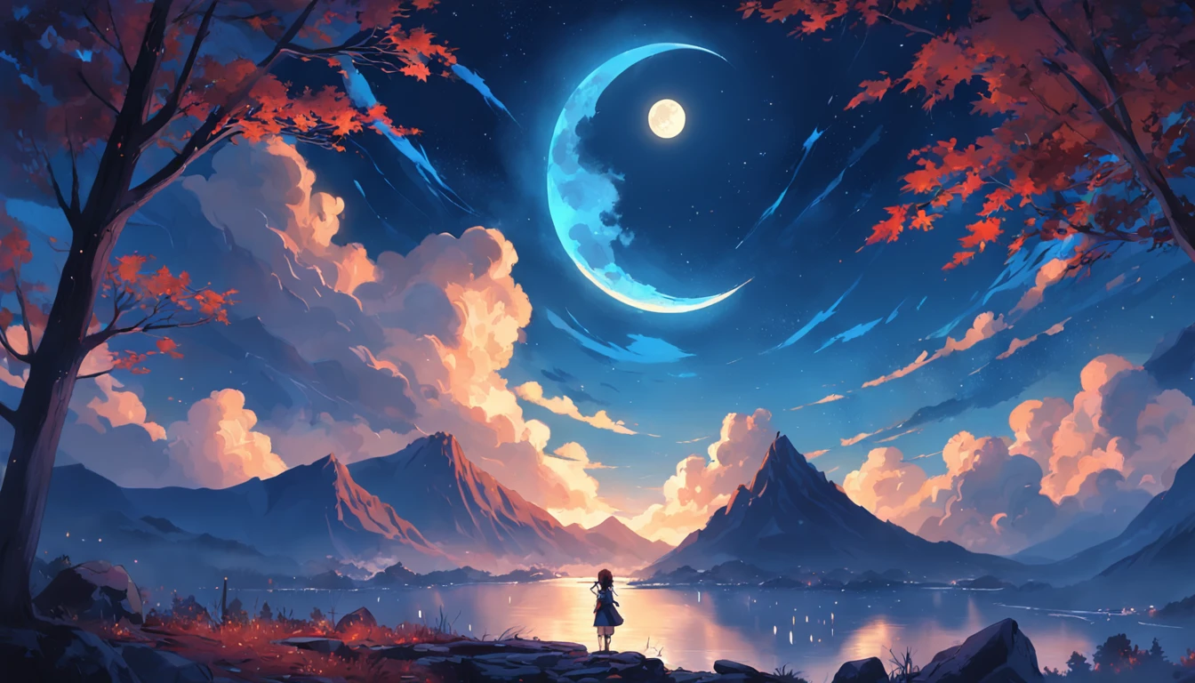the night,The next quarter of the moon,Ring cloud,Rolling mountains,Sparkling river,Starlight,Empty