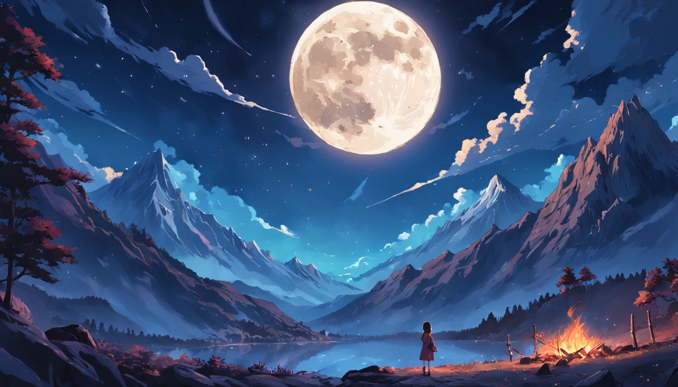 moon full，Blue night sky，Bright stars，Bonfire on the mountain，Small tribes