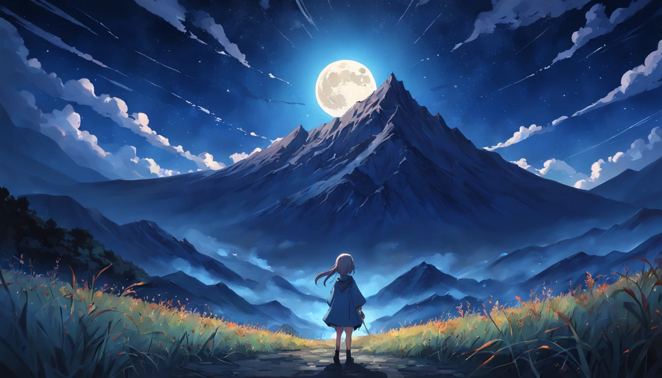 moon full,Blue night sky,Bright stars,Bonfire on the mountain,Small tribes