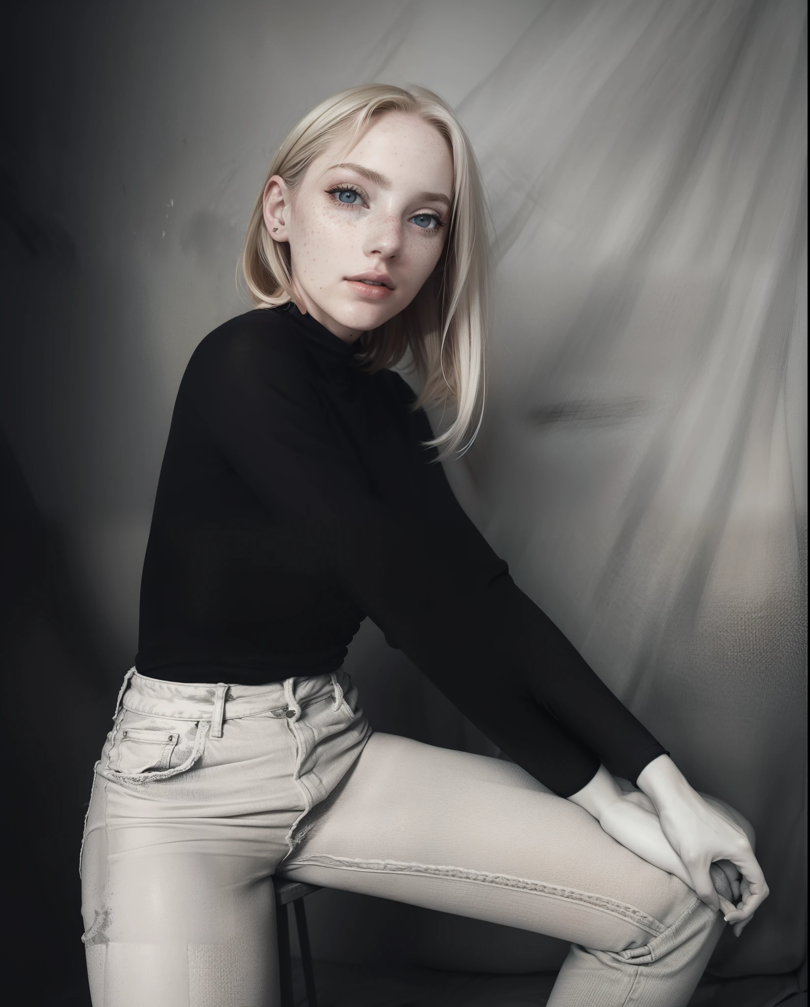 mulher, americana, 25 anos, pale skin and freckles, olhos cinzas, nariz delicado, soft and delicate lips, cabelo blondie cinza longo e ondulado