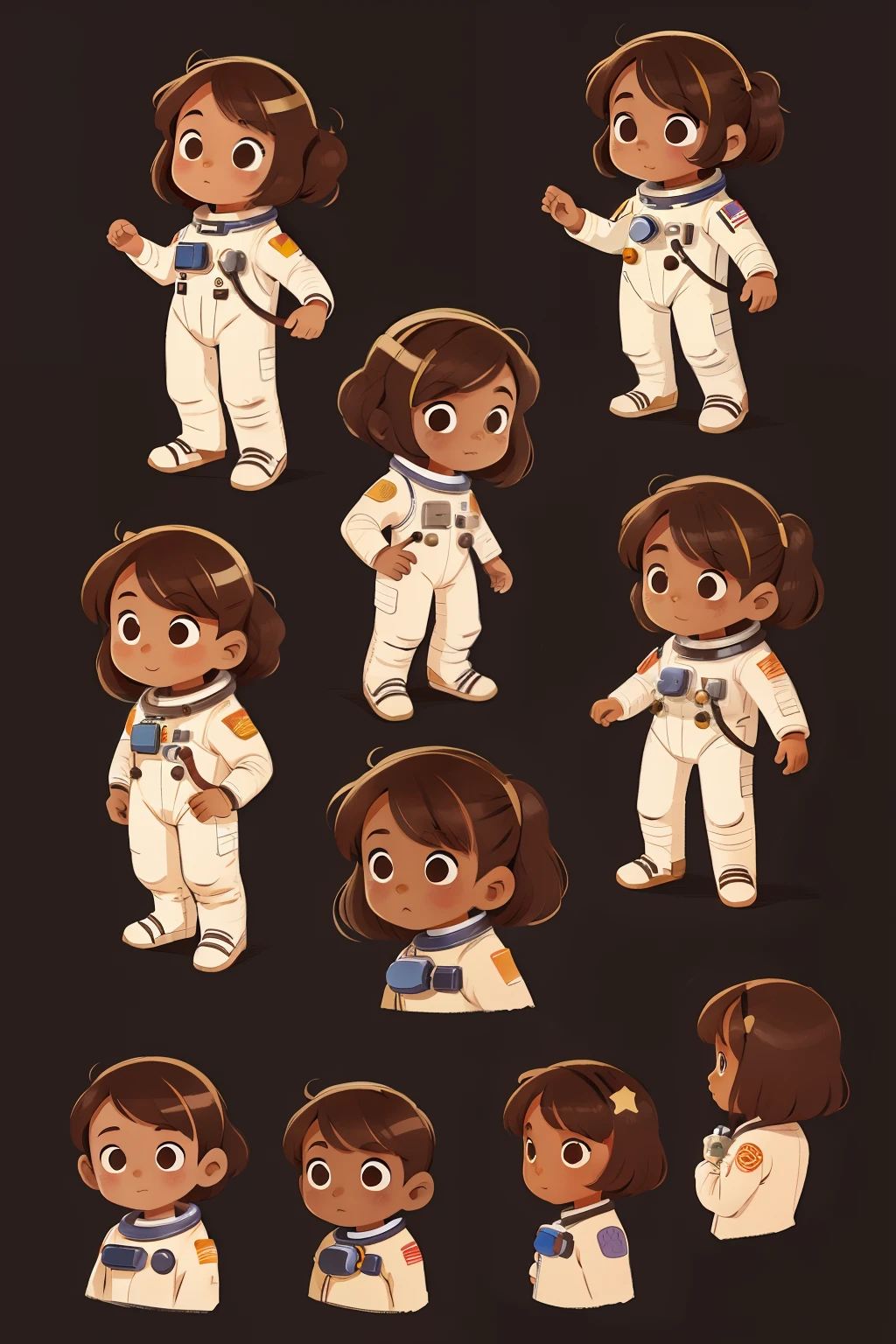 character sheet, astronaut girl, 8 , brown eyes, brown hair, various poses