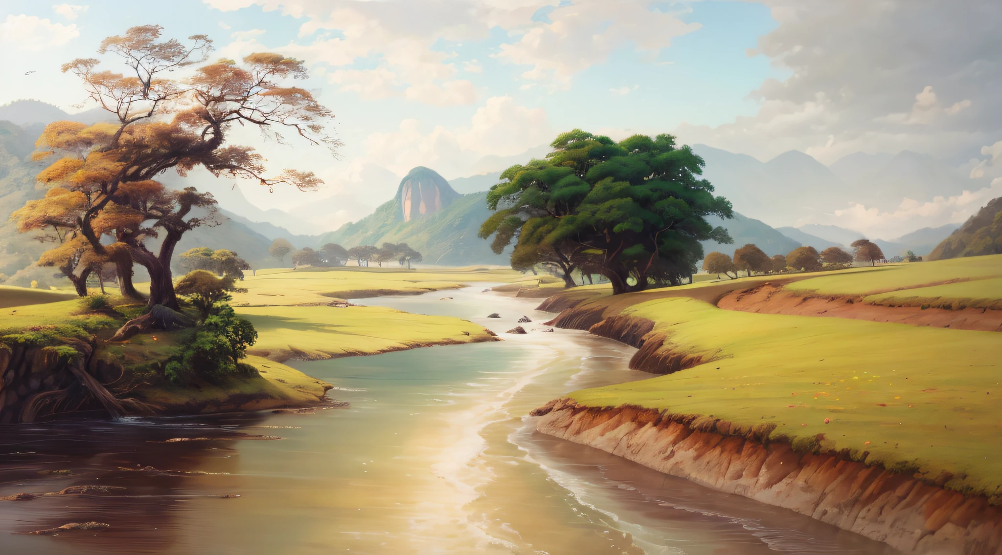 pintura de um rio que atravessa um vale verde exuberante com montanhas ao fundo, colinas fluidas, 8k resolution digital painting, 8k resolution digital painting, Pintura digital 4K, Pintura digital 4k, pintura digital detalhada, baixo detalhamento. pintura digital, Pintura Digital de Alto Detalhe, peaceful landscape, rio, trees and hills, pintura detalhada 4K, pintura digital 4k