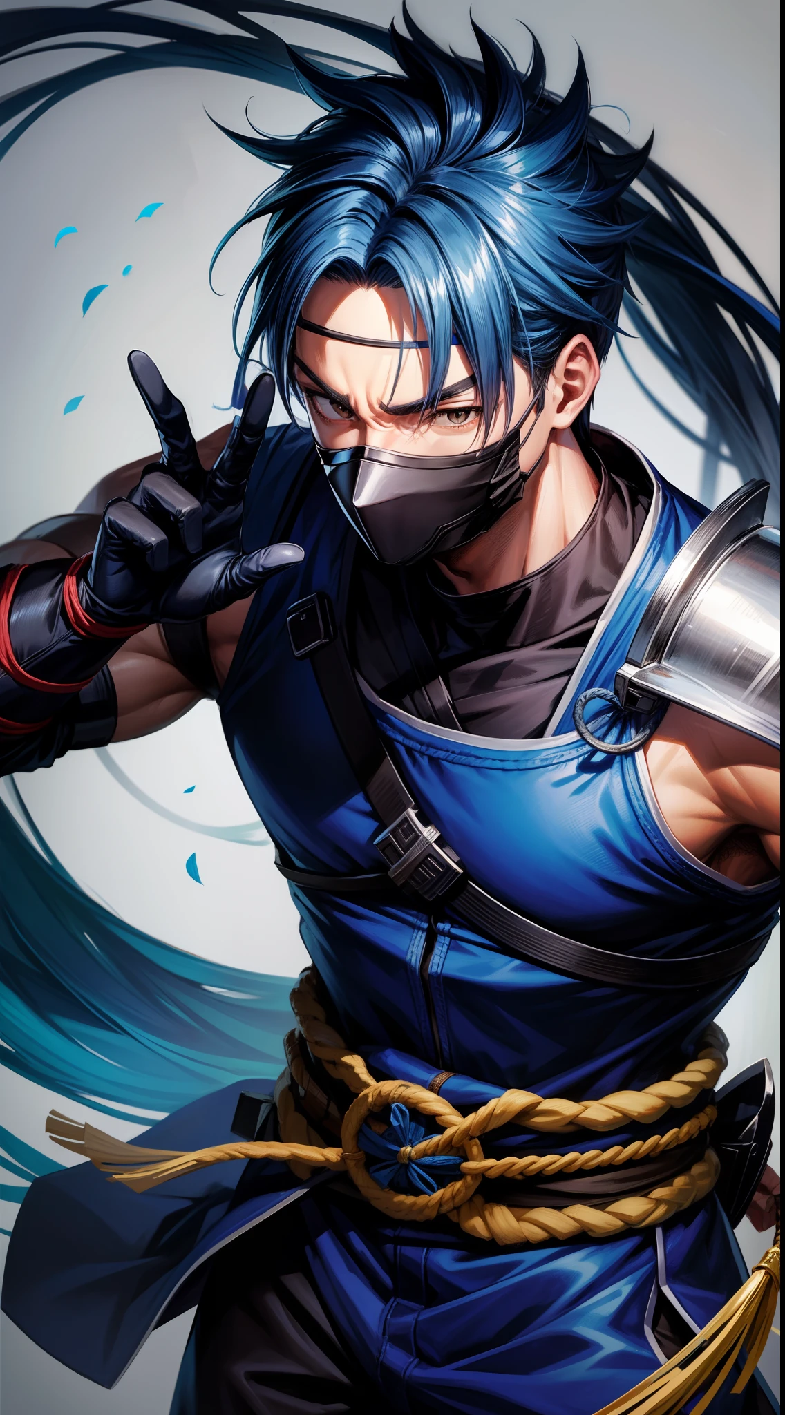 Grown-up guy, ninja, blue shinobi form, brown eyes, mask, Masterpiece, hiquality
