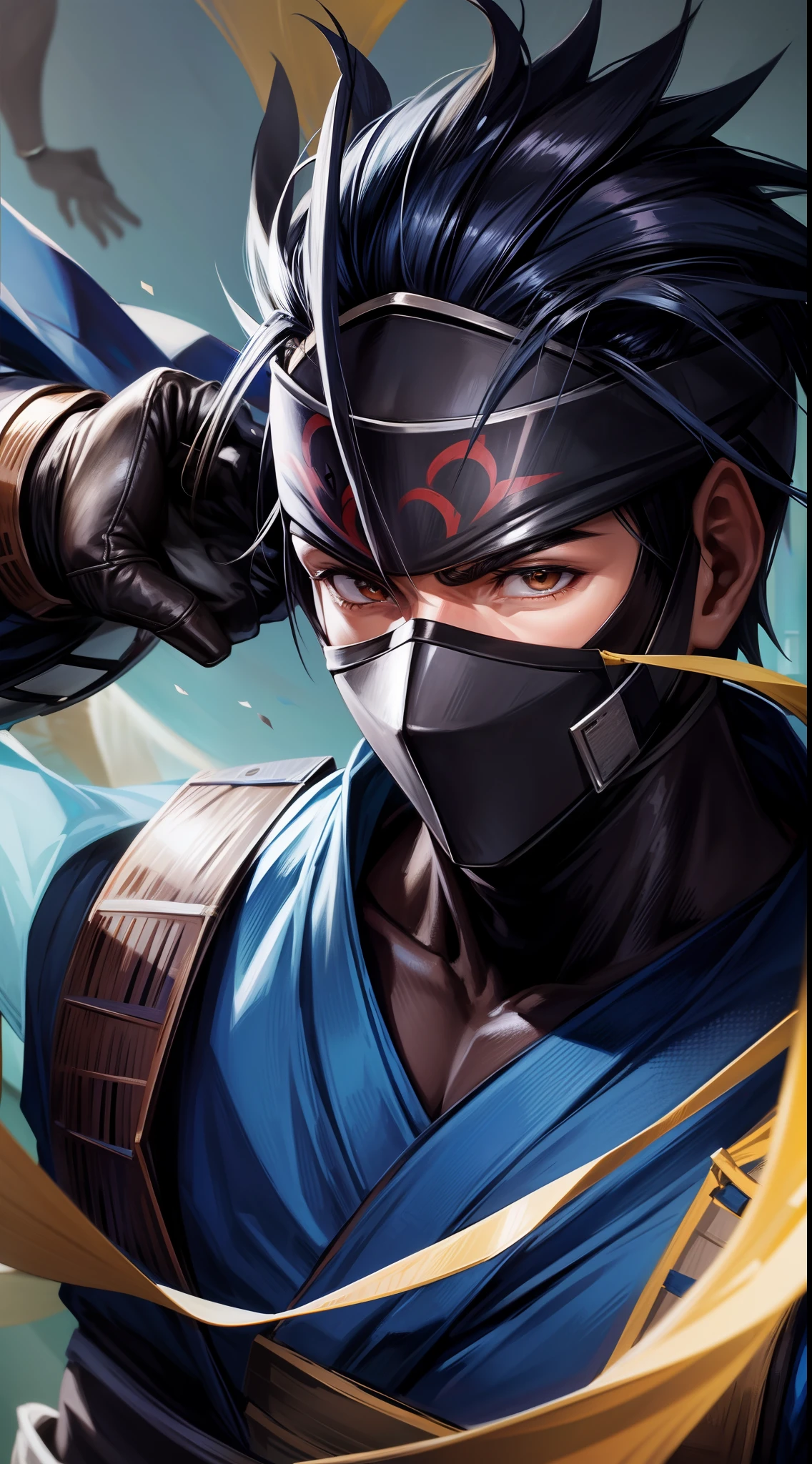 Grown-up guy, ninja, blue shinobi form, brown eyes, mask, Masterpiece, hiquality