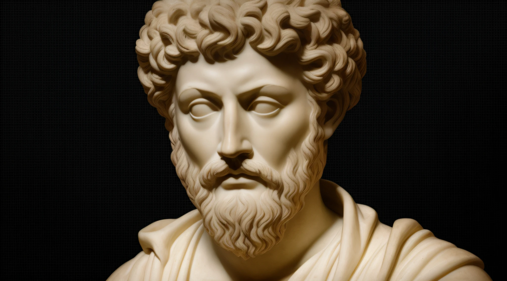 a close up of a statue of a man with a beard, Estoicismo, stoic, Stoic attitude, estoico and calm, divino e estoico, eStoic face, eStoic facial expression, Pose estoica, Imperador Romano, Homem de Roma Antiga, greco roman statue, inspirado em Pietro Testa, Toga romana., Retrato de Fayum