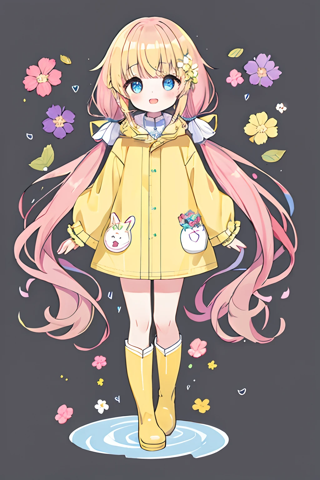 girl with、rainbows、raincoat、Yellow raincoat、Rubber boots、hydrangeas、florals、length hair、Twin-tailed、boots、red blush、Opening Mouth、hair adornments、white backgrounid、独奏、Very long hair、long-sleeve、low twintails、the bow、bangss、a smile、Animal food、blue eyess、bunny rabbit、puddles、full bodyesbian、Yellow footwear、simple background、pink flowers、is standing、Food-themed hair ornaments、Hair bow、ngel、blonde  hair、flower in hair、Sateen、
