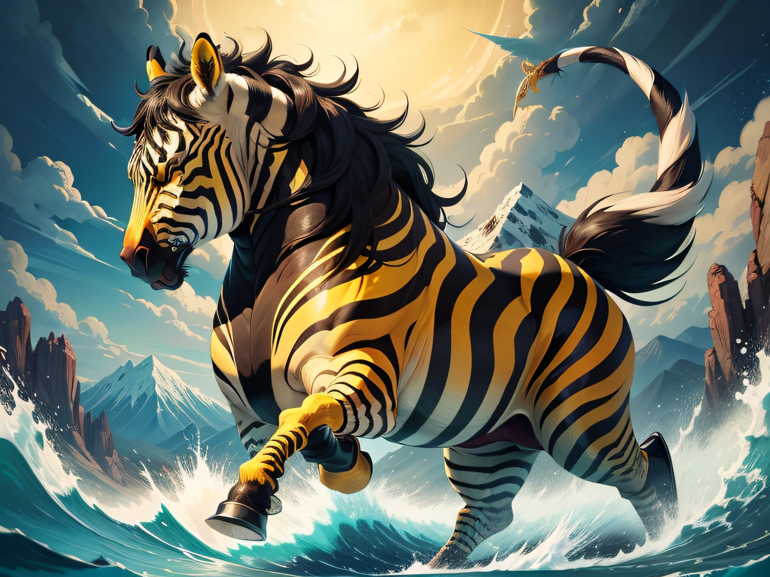 tmasterpiece,High Picture Quality, Dynamic cartoon style, Inspired by the Classic of Mountains and Seas,Chinese mythology and stories, Beast image, high saturated, Yellow zebra pattern, White head, Red tail。