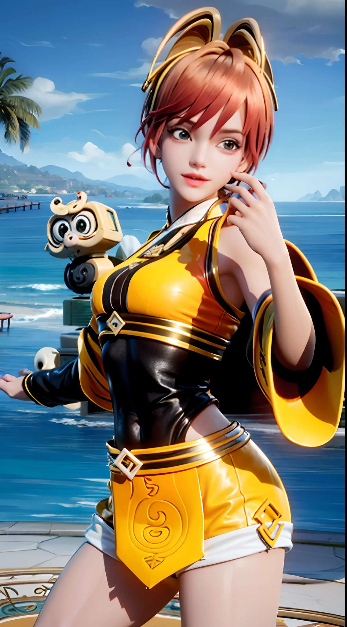 A girl, Orange hair,Short hair,ocean water, beach, (Yellow bikini: 1.6), palm tree, Coconut Tree, Solo,
