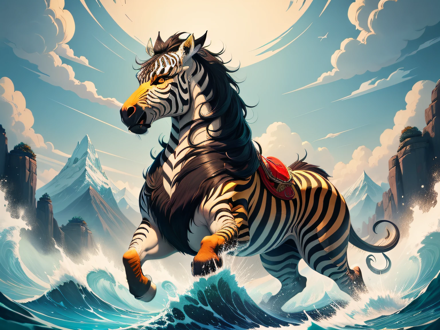 tmasterpiece，High Picture Quality, Dynamic cartoon style, Inspired by the Classic of Mountains and Seas，Chinese mythology and stories, Beast image, high saturated, Yellow zebra pattern, White head, Red tail。