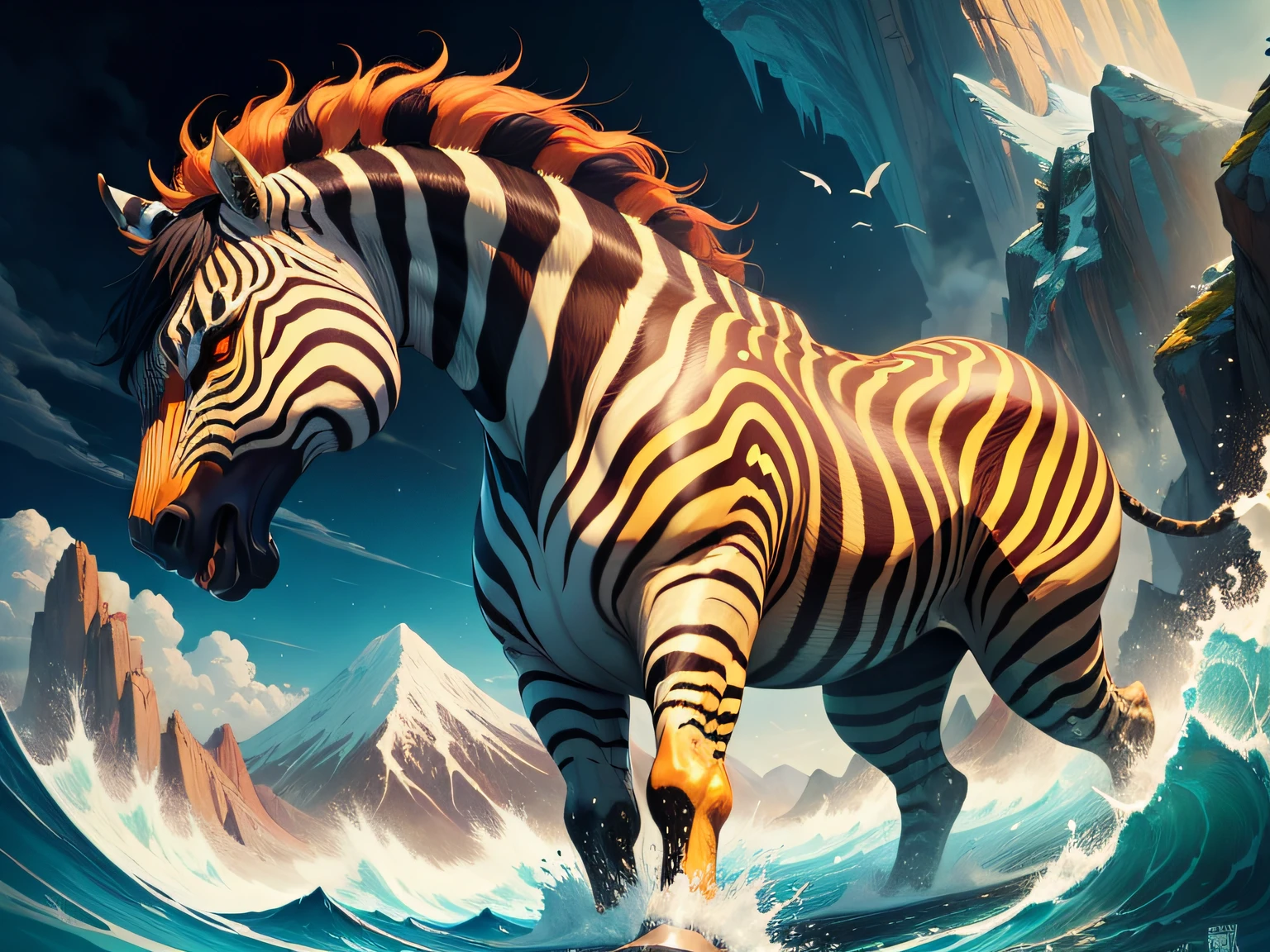 tmasterpiece，High Picture Quality, Dynamic cartoon style, Inspired by the Classic of Mountains and Seas，Chinese mythology and stories, Beast image, high saturated, Yellow zebra pattern, White head, Red tail。