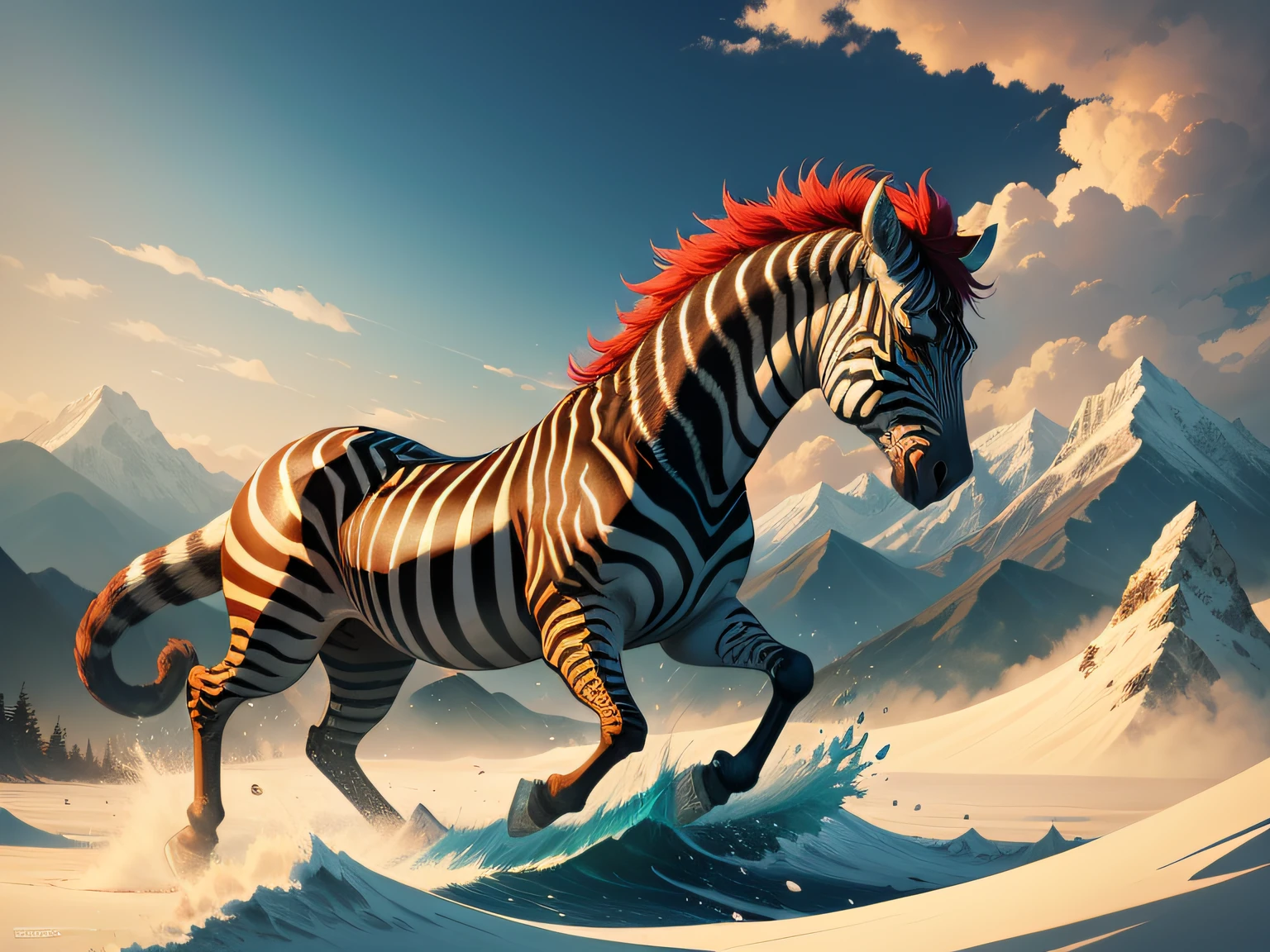 tmasterpiece,High Picture Quality, Dynamic cartoon style, Inspired by the Classic of Mountains and Seas,Chinese mythology and stories, Beast image, high saturated, Yellow zebra pattern, White head, Red tail。