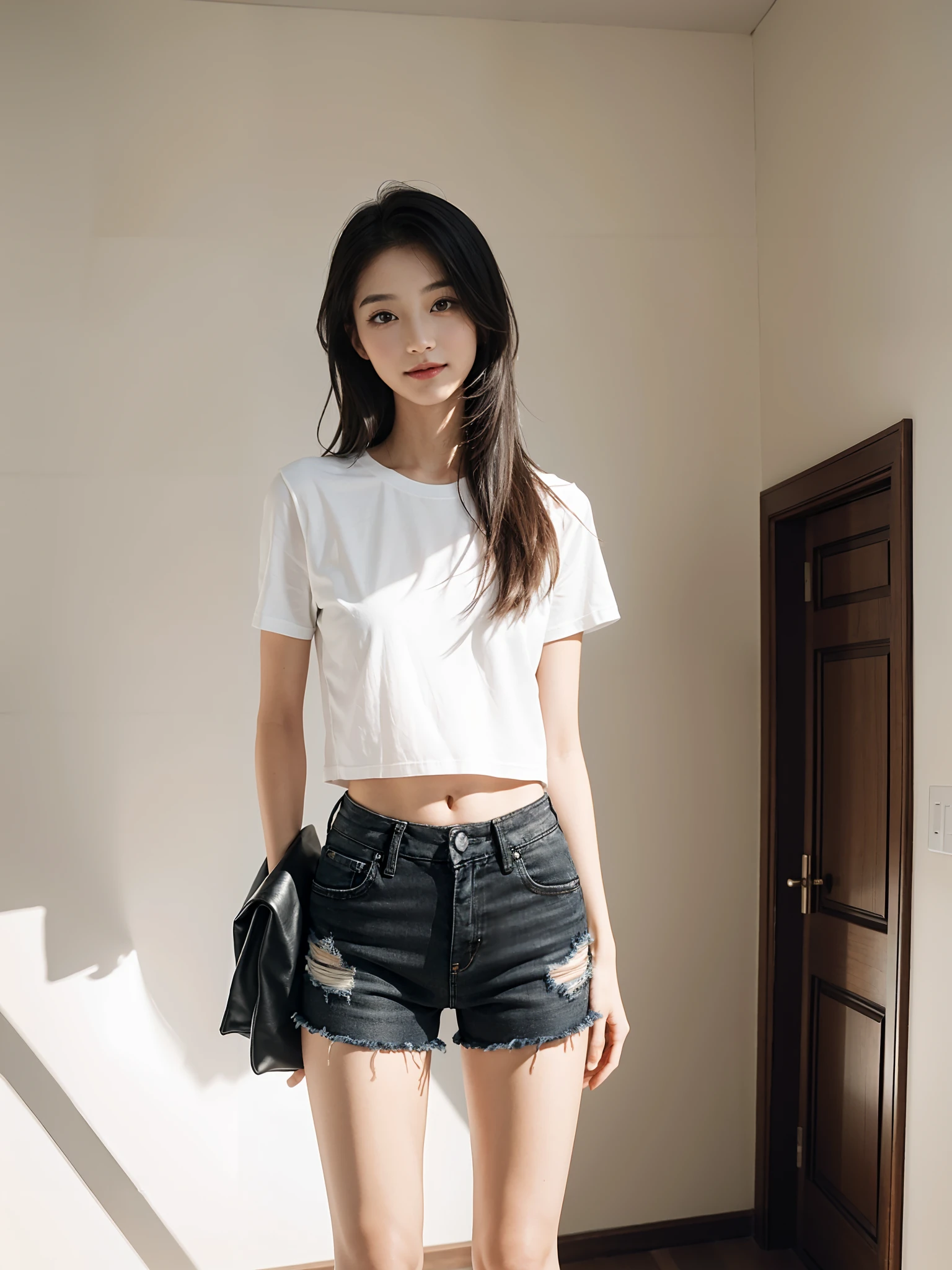 ((Tomboyish,small heads)), (Well-defined abs: 1.1), (perfect bodies: 1.1), (Long straight hair: 1.2), （Thick black hair：1.2）, upper body photos, attractive collarbone，nabel，（极其细致的CG 8k壁纸），（Extremely refined and beautiful），（tmasterpiece），（best qualtiy：1.0），（超A high resolution：1.0），beautiful light up，Perfect lightning，realistic shaded，[A high resolution]，Smooth and flawless fair skin，ultra - detailed ，A little girl of 6 years old，White short-sleeved tee，Black denim shorts，Elongated legs，short stature，slim，emaciated ，Immature face，In the spacious and bright dance studio，Modern minimalist décor，In the daytime，Bright sunlight，ssmile，cheerfulness