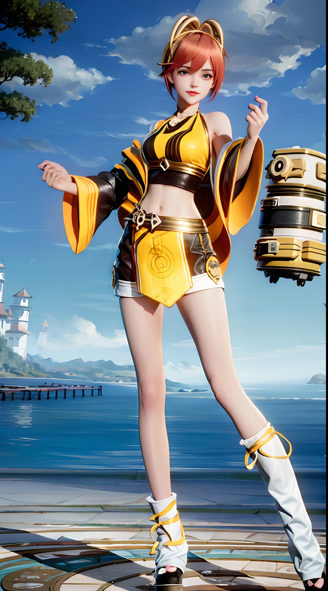 A girl, Orange hair,Short hair,ocean water, beach, (Yellow bikini: 1.6), palm tree, Coconut Tree, Solo,