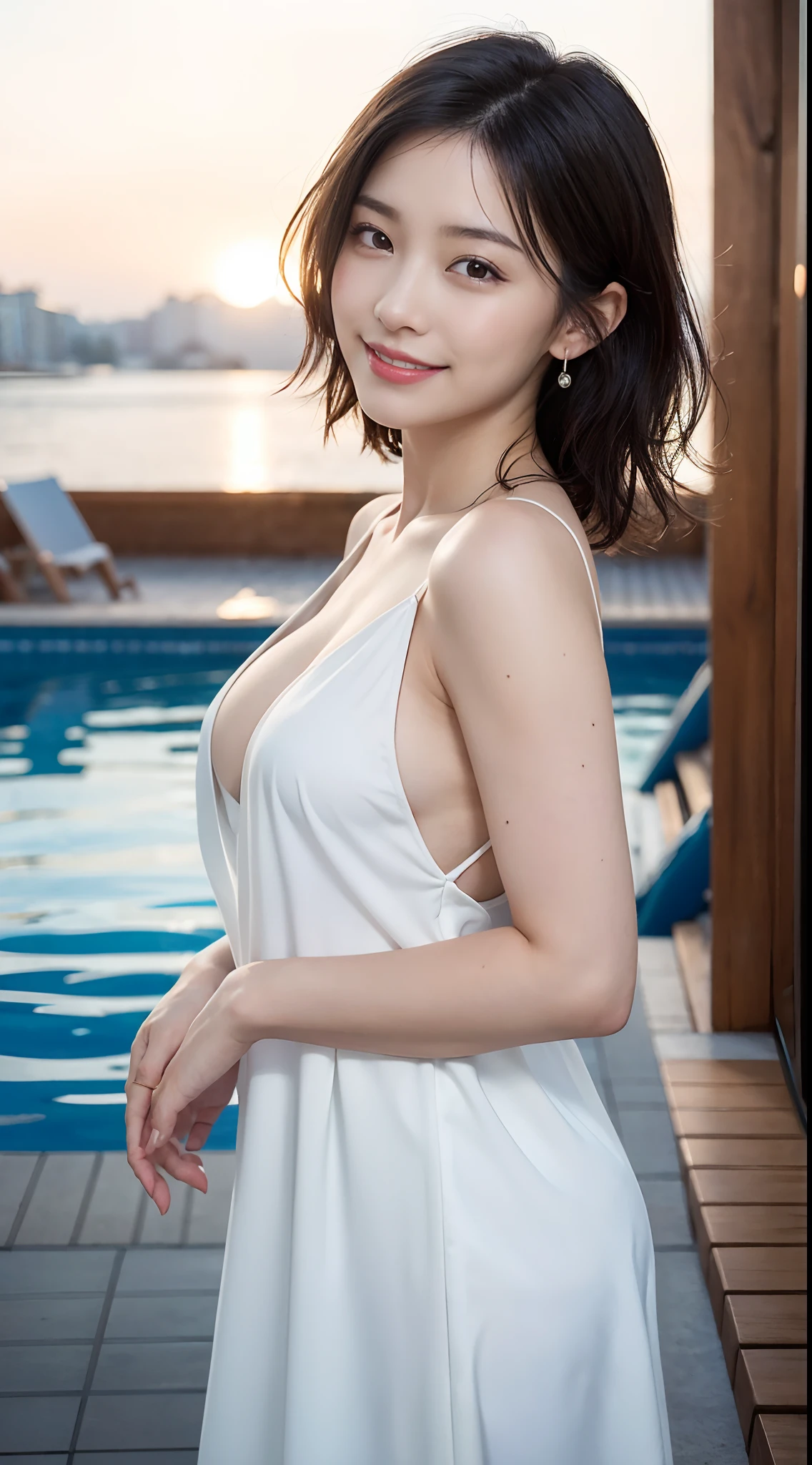 (8K, RAW photography, Best Quality, Masterpiece: 1.45), (Realistic, Photorealistic: 1.37), One Girl, Cute, Seductive smile: 1.2, happy, (Cowboy shot, from side: 1.3), Embarrassing Pose: 1.2, Beach, Daytime, Professional Lighting, Photon Mapping, Radiosity, Physically Based Rendering, Masterpiece, Rich Details, (Fine Face),, (Fine Eyes), (Clear Face), (Detailed Face Description), (Detailed Hand Description), (Masterpiece), Realistic, Extreme Light and Shadow, Gradient Black Hair, White Hair, Short Curly Hair, Handsome, Girl, Double, Small Breasts, Disheveled Hair, Fine Clavicle,(Deep V-Neckline Slip Dress, sideboob, cleavage:1.2), public indecency、(Increased Skin Texture Beauty:1.1),Immediately after getting out of the pool,