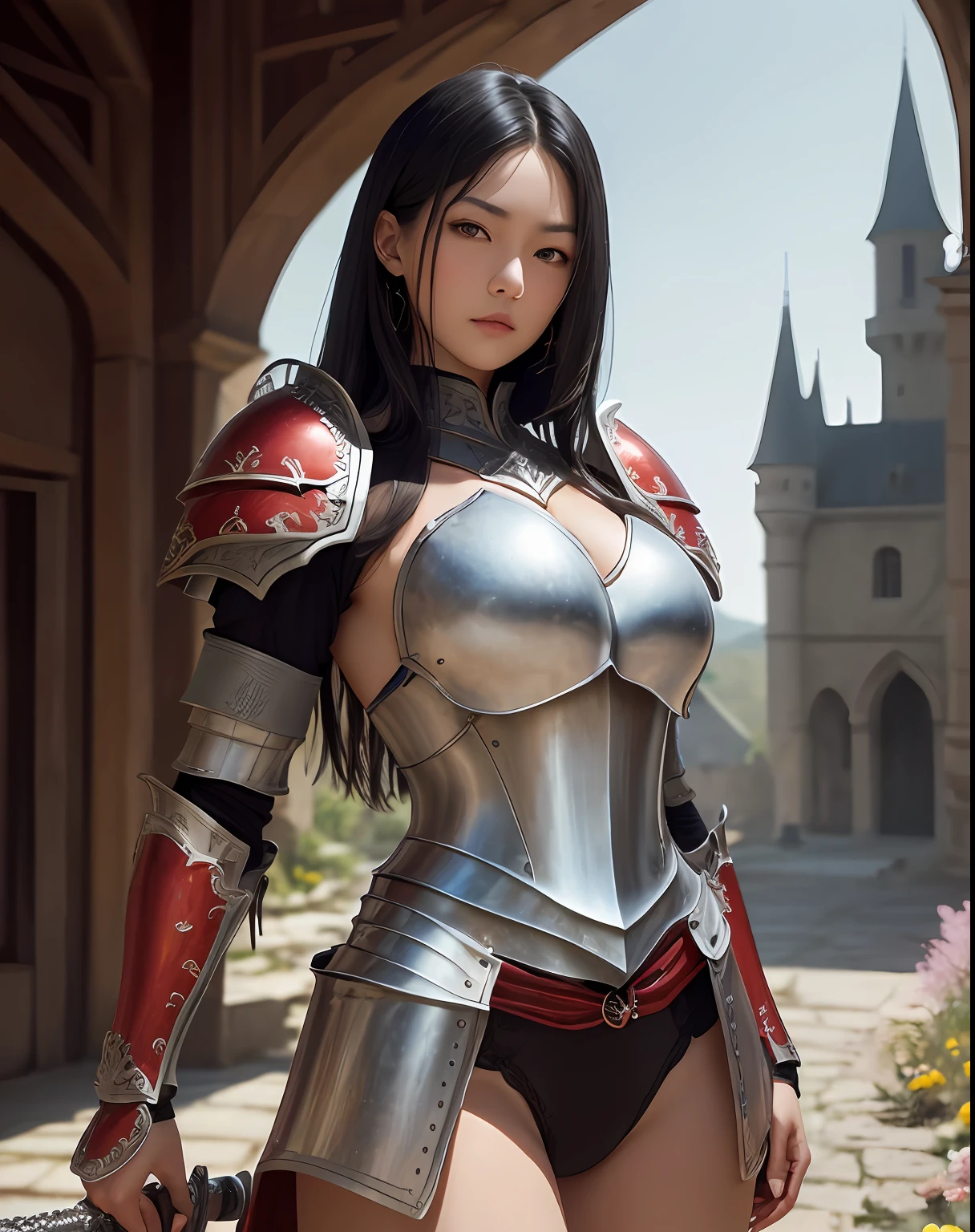 Red-haired warrior girl, young girl, pretty face, thin girl, pretty girl, skinny girl, She's wearing a plate armor, medieval armor, steel breastplate, steel gauntlets, steel gloves, (red miniskirt: 1.5), (sitting, spread her legs: 1.1), (her panties are showing: 1.2), you can see her panties, underwear, pantyshot, upskirt, (cameltoe: 1.3), (white panties), panties appearing, medieval fantasy, Dungeons and dragons, RPG character, best quality, (masterpiece), 8k