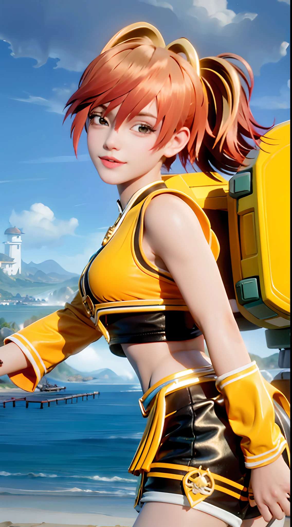 A girl, Orange hair,short detailed hair,ocean water,sea beach, (Yellow bikini: 1.6), palmeiras, Coconut Tree, Solo,best qualtiy,Masterpiece,Golden ratio composition